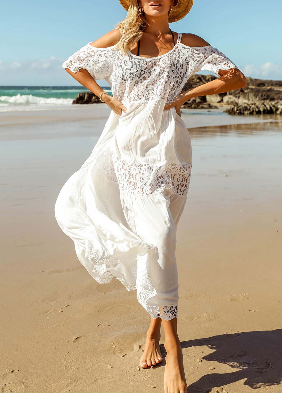 White swimwear,Plain Color swimwear,White Round Neck Lace Stitching Cover Up