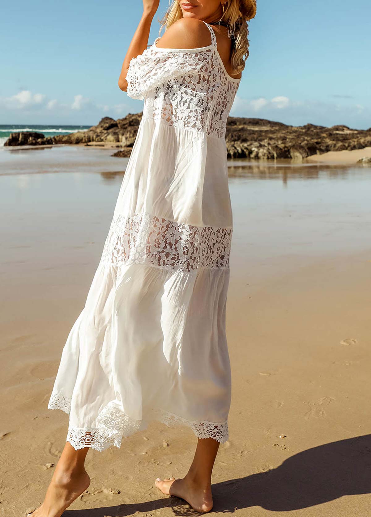White swimwear,Plain Color swimwear,White Round Neck Lace Stitching Cover Up