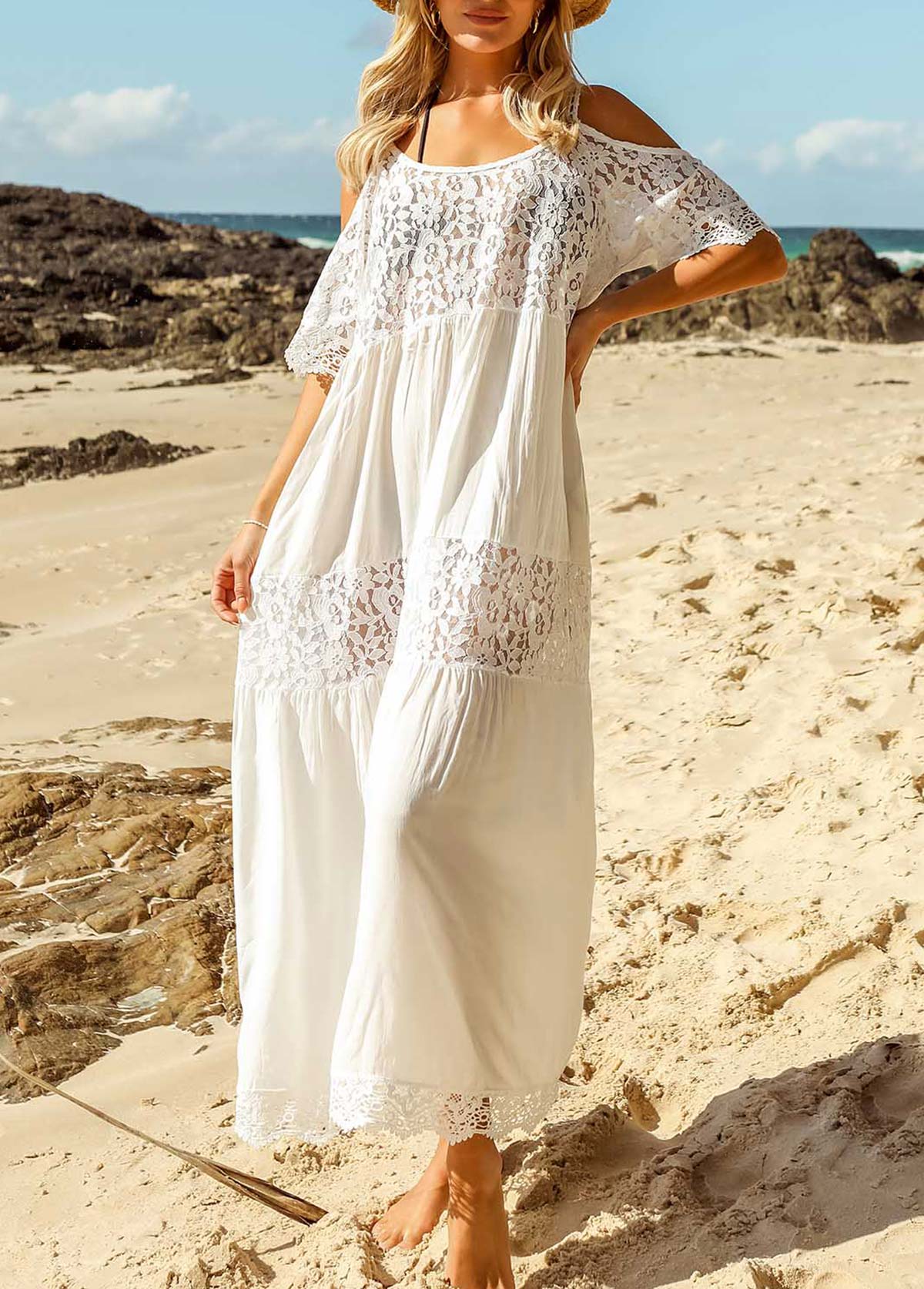 White swimwear,Plain Color swimwear,White Round Neck Lace Stitching Cover Up