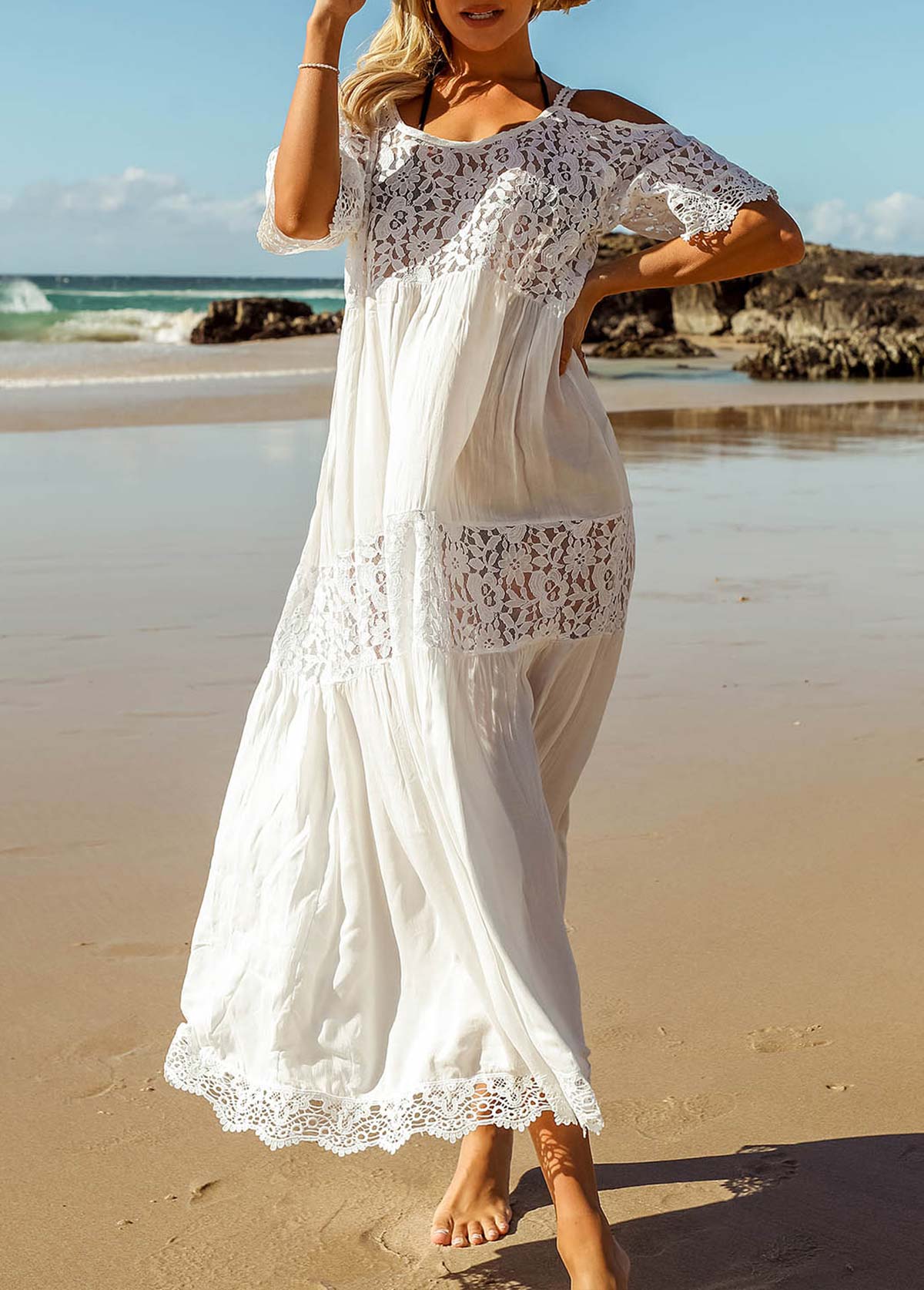 White swimwear,Plain Color swimwear,White Round Neck Lace Stitching Cover Up