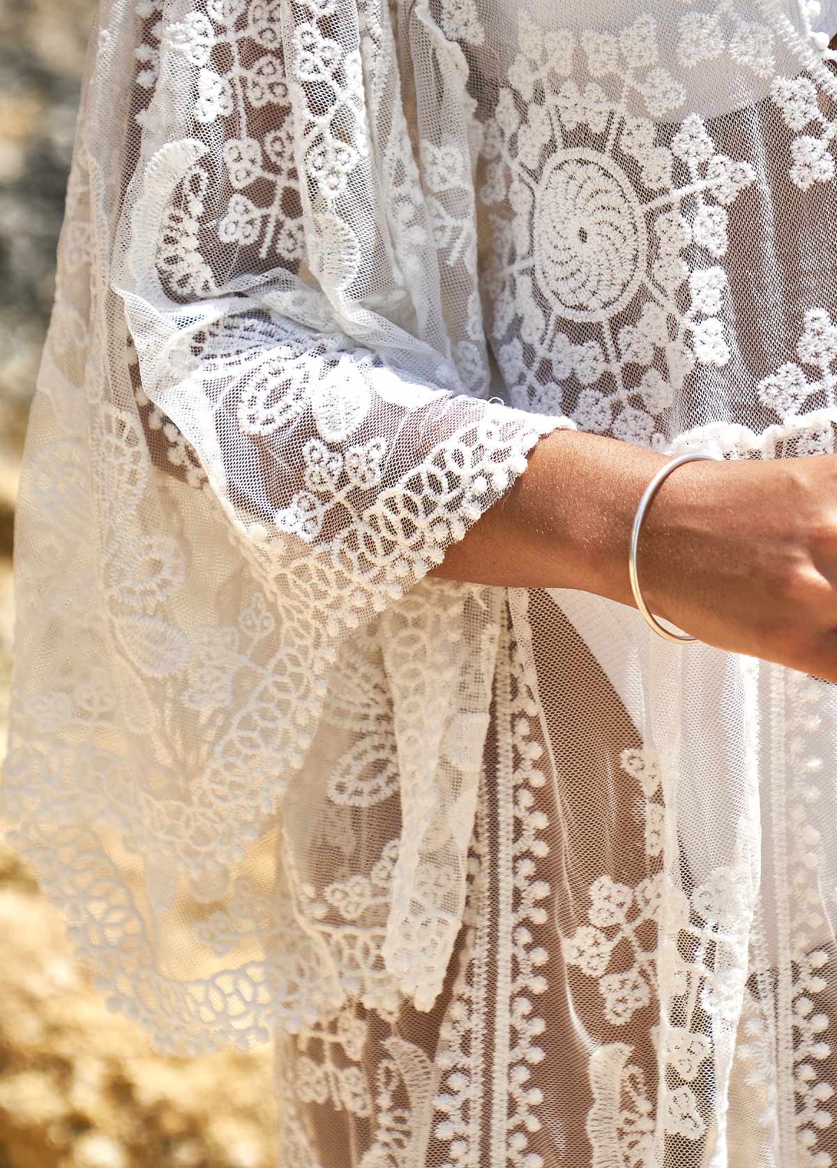 White swimwear,Plain Color swimwear,White Embroidered Cage Neck Sheer Cover Up