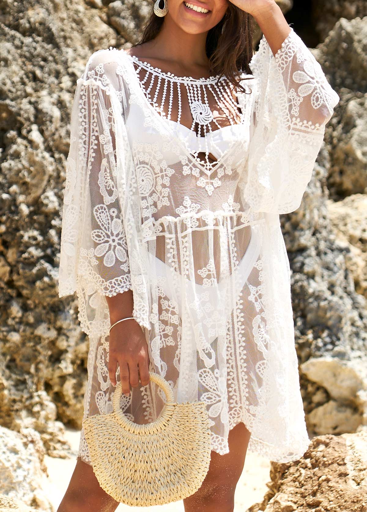 White swimwear,Plain Color swimwear,White Embroidered Cage Neck Sheer Cover Up