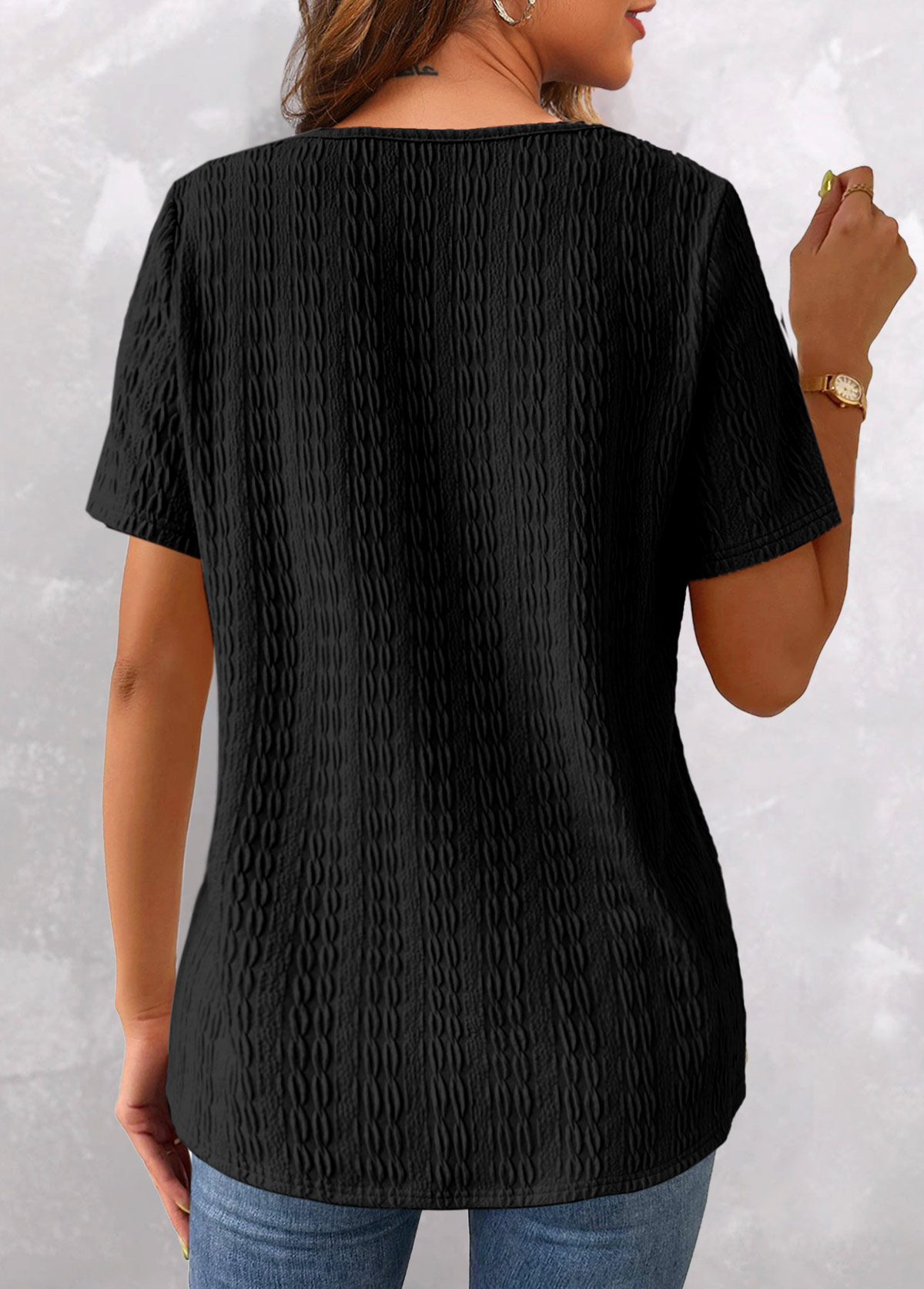 Black tops,White tops,Contrast Color tops,ROTITA Patchwork Black V Neck Short Sleeve T Shirt