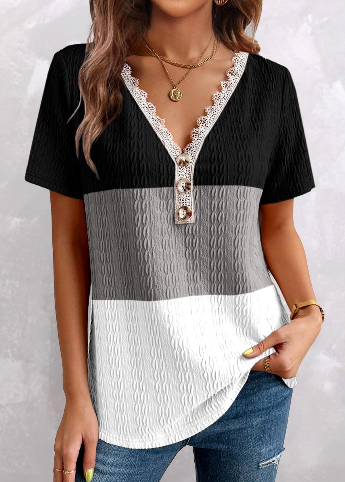 Black tops,White tops,Contrast Color tops,ROTITA Patchwork Black V Neck Short Sleeve T Shirt