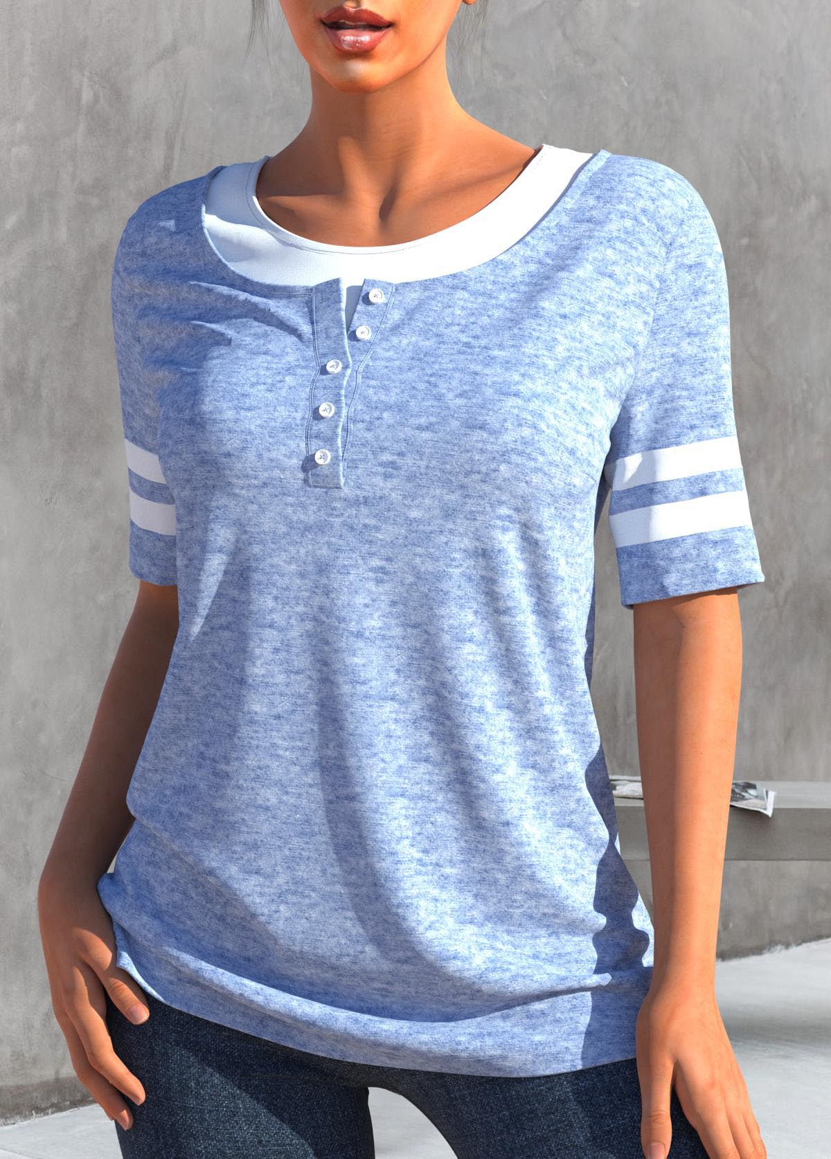 Light Blue tops,Plain Color tops,ROTITA Button Light Blue Round Neck T Shirt