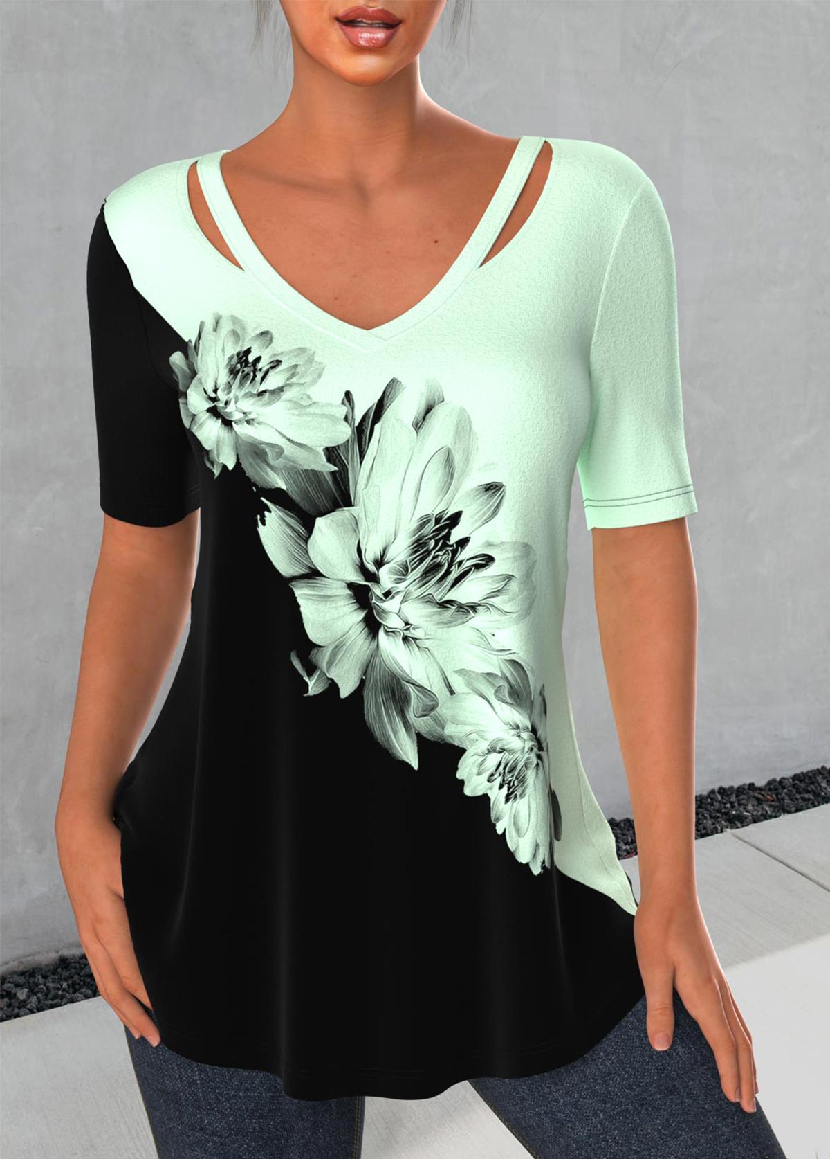 ROTITA Floral Print Light Green V Neck T Shirt