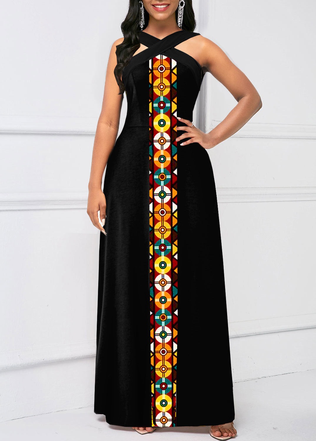 Black dresses,Tribal dresses,Geometric dresses,Striped dresses,ROTITA Criss Cross Tribal Print Black Sleeveless Maxi Dress