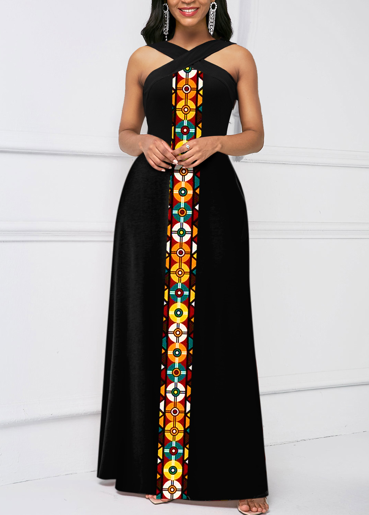Black dresses,Tribal dresses,Geometric dresses,Striped dresses,ROTITA Criss Cross Tribal Print Black Sleeveless Maxi Dress