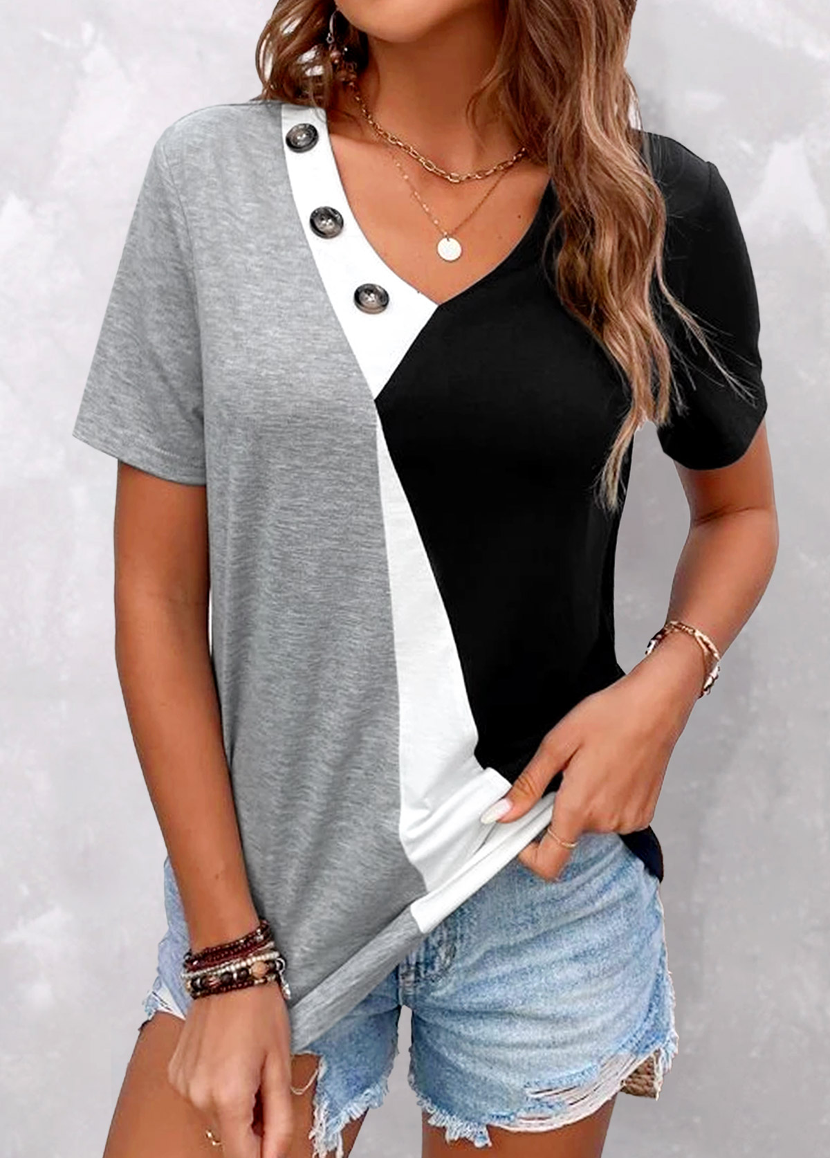 ROTITA Button Grey V Neck Short Sleeve T Shirt