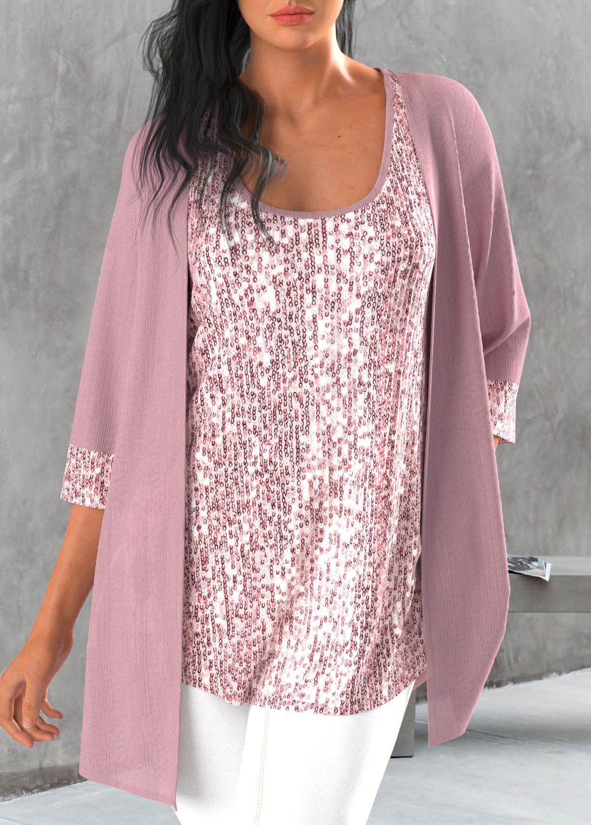 ROTITA Sequin Light Pink Scoop Neck Tank Top and Cardigan