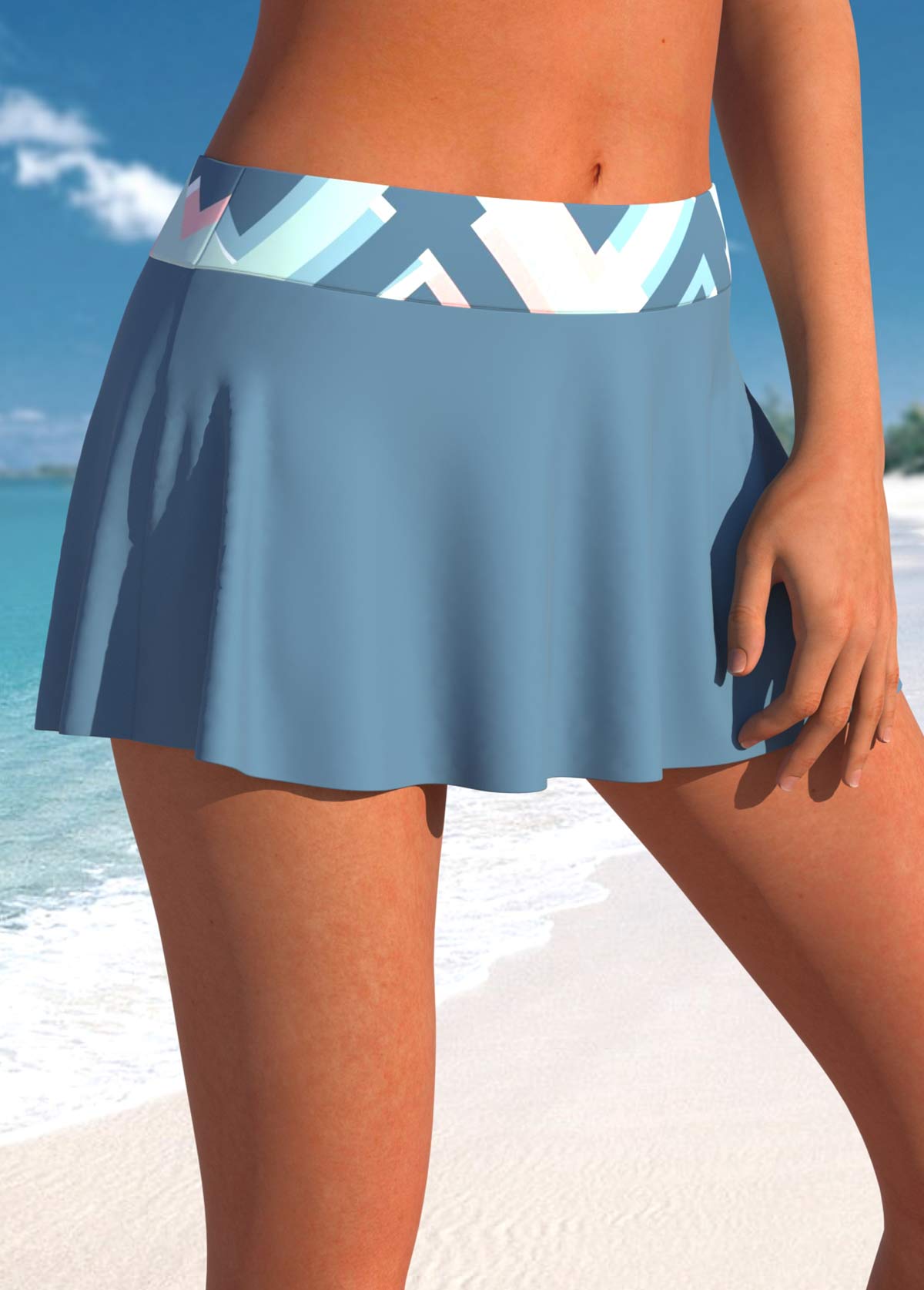Dusty Blue swimwear,Geometric swimwear,ROTITA Drawstring Dusty Blue Geometric Print Tankini Top