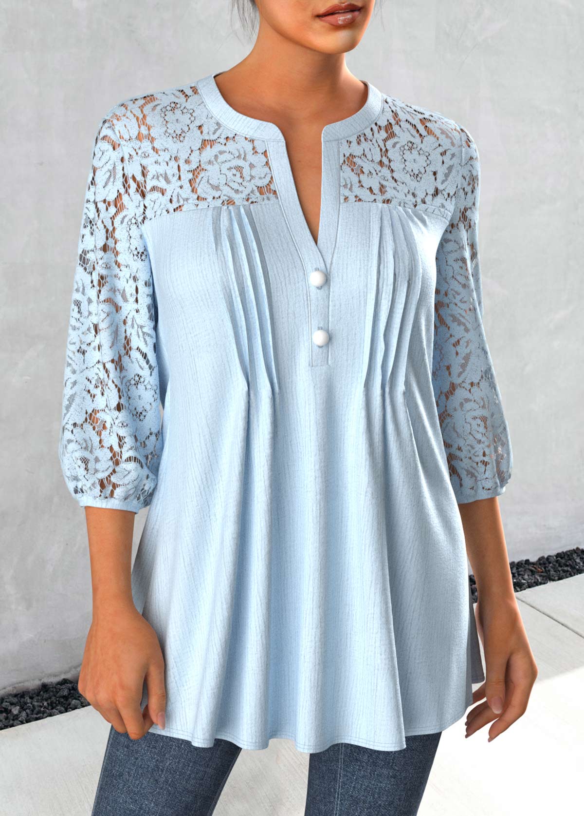 Light Blue tops,Plain Color tops,ROTITA Tuck Stitch Light Blue Split Neck Blouse