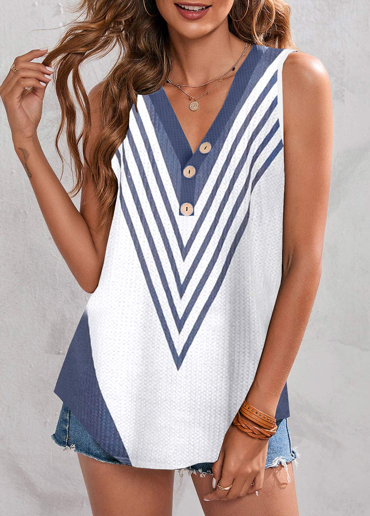 White tops,Striped tops,Geometric tops,ROTITA Striped White V Neck Tank Top
