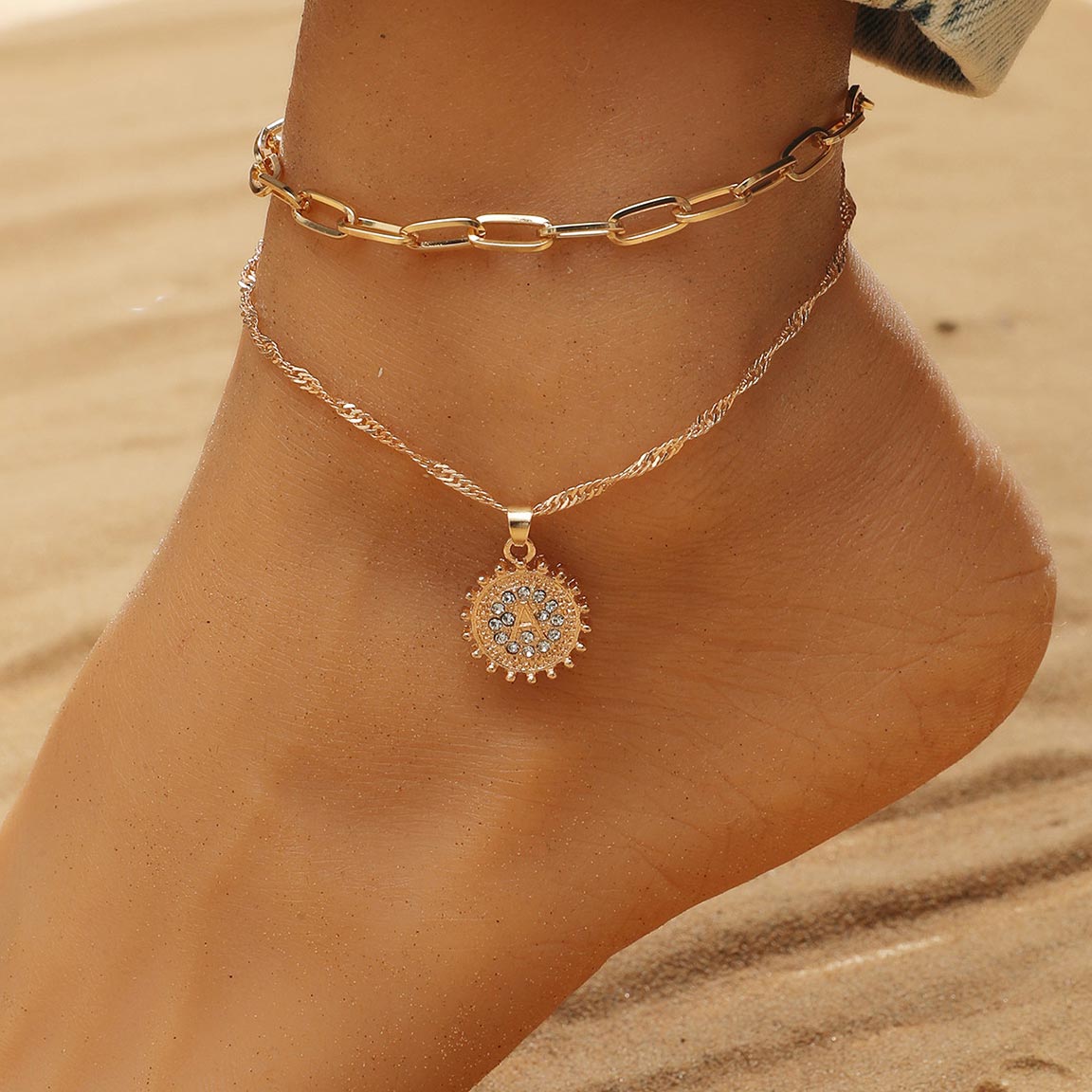 Layered Chain Rhinestone Design Gold Anklet