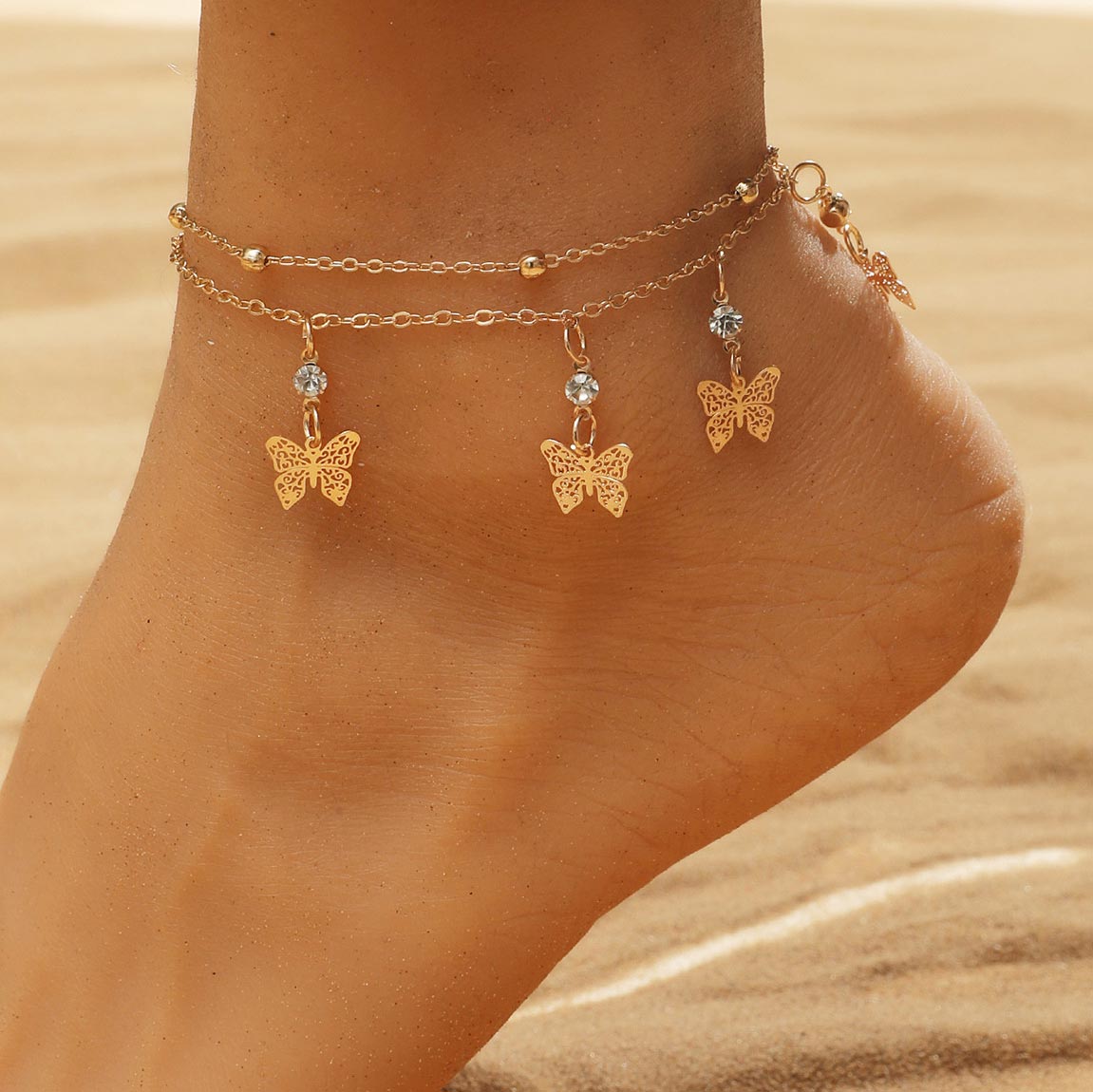 Butterfly Rhinestone Layered Design Gold Anklet