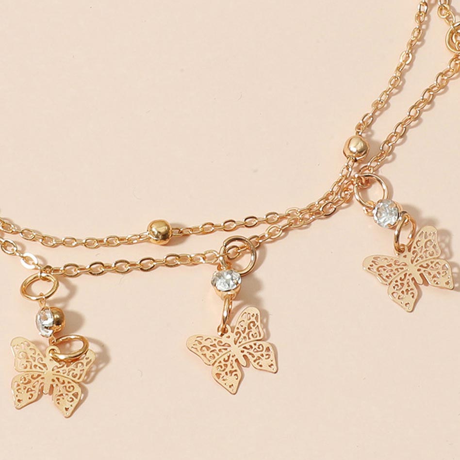 Gold jewelry,Other jewelry,Butterfly Rhinestone Layered Design Gold Anklet