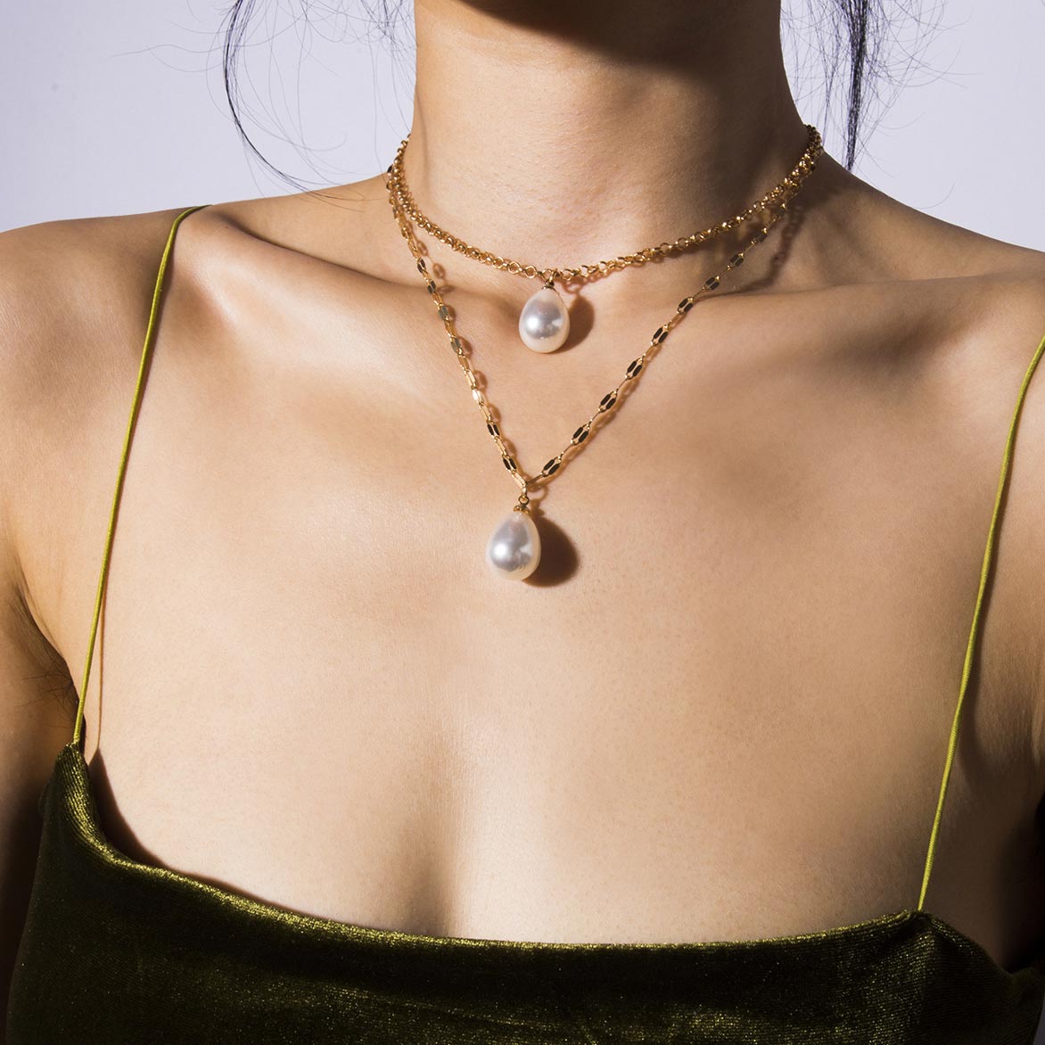 Gold Pearl Layered Metal Detail Necklace