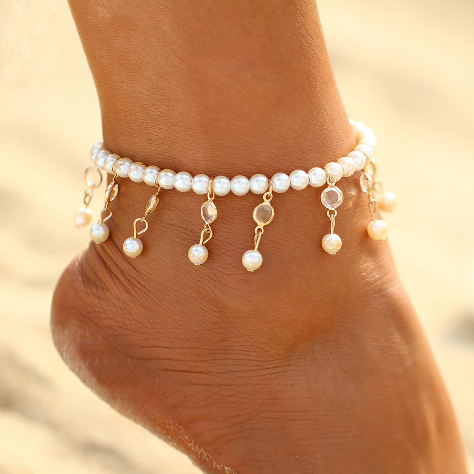 White jewelry,Other jewelry,Metal Detail Pearl Design White Anklet