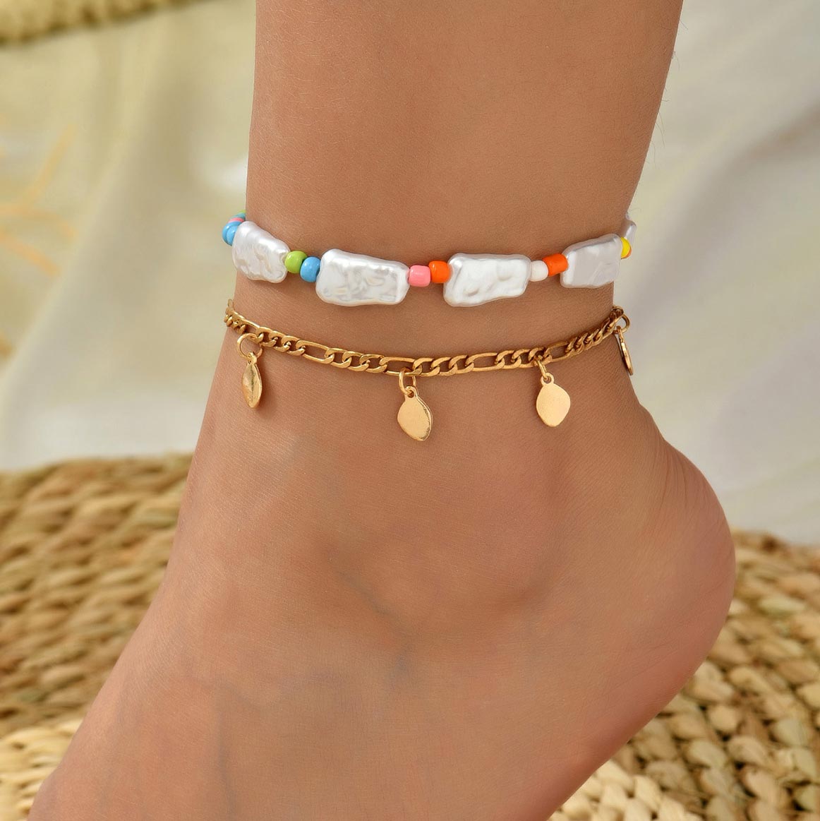 Layered Design Metal Detail Gold Anklet Set