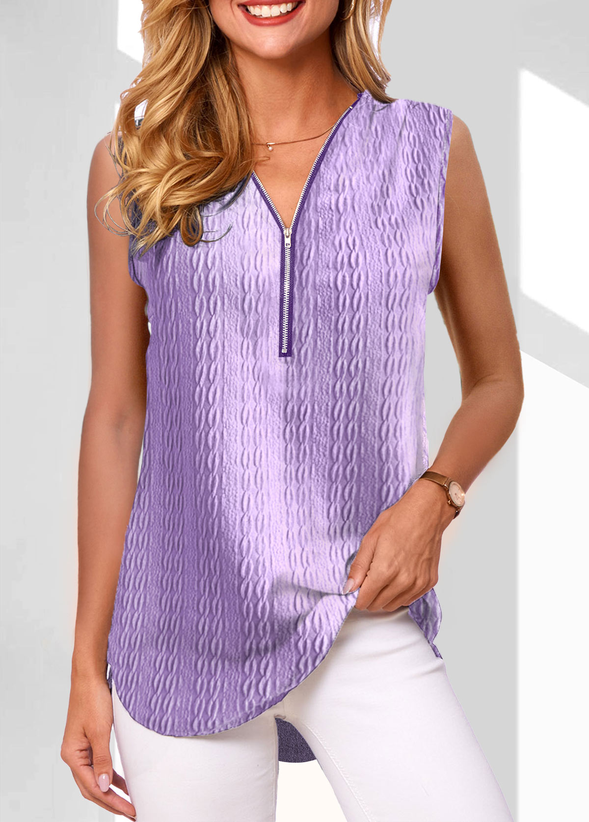 ROTITA Zipper Purple V Neck Tank Top