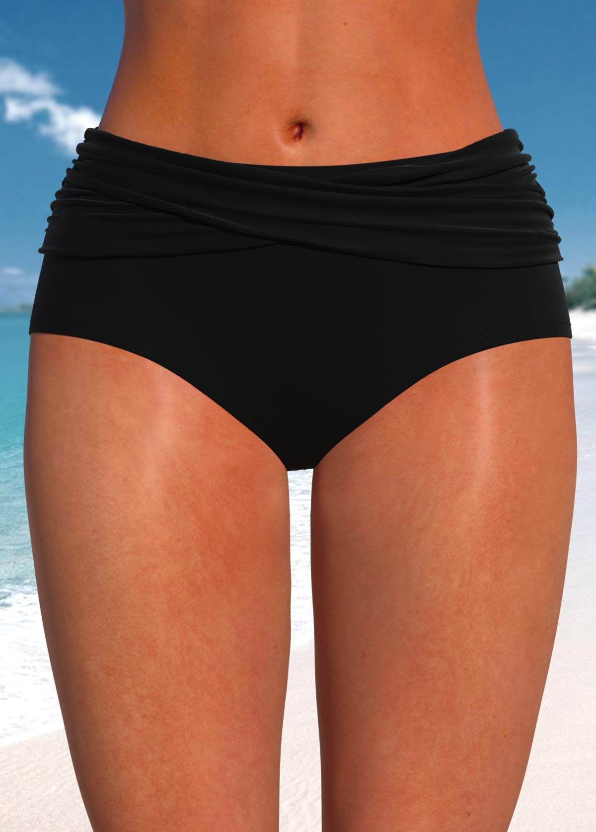 Black swimwear,Plain Color swimwear,ROTITA Criss Cross Black Mid Waisted Bikini Bottom