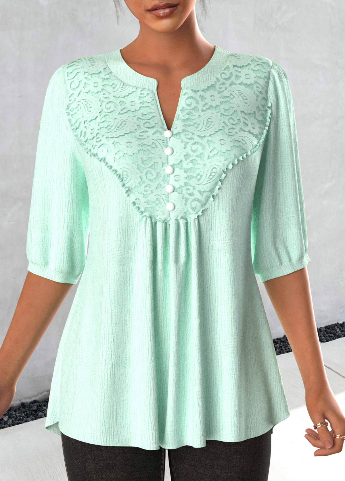 ROTITA Lace Light Green Split Neck Blouse