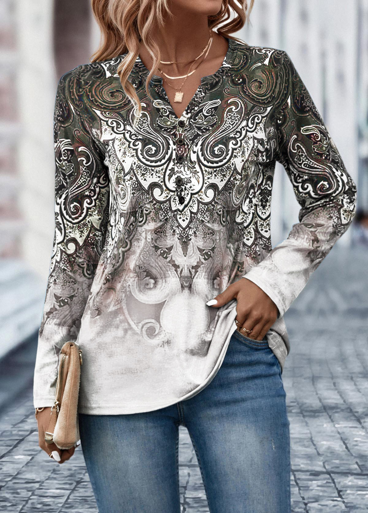 Button Tribal Print Light Coffee T Shirt