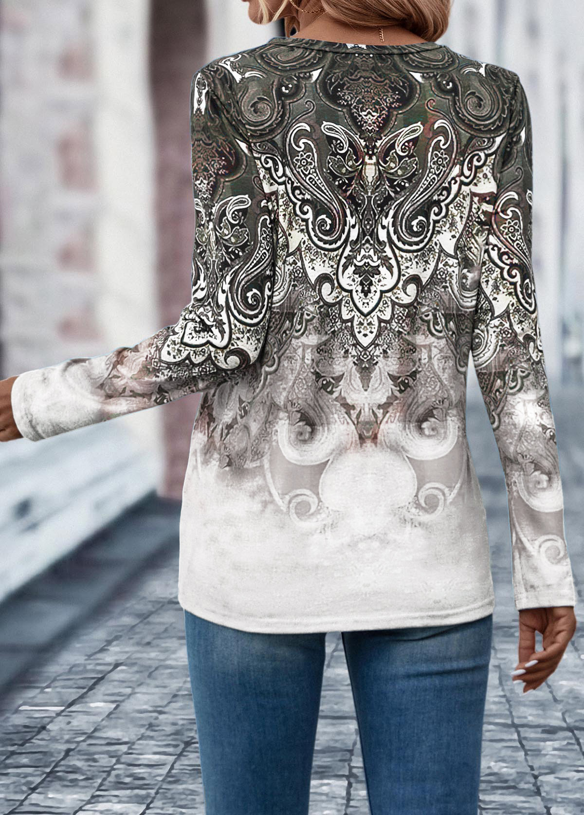 Light Coffee tops,Tribal tops,Ombre tops,Button Tribal Print Light Coffee T Shirt