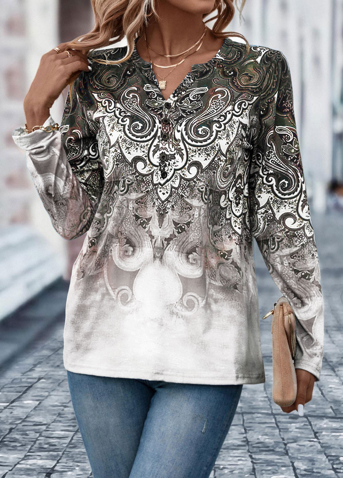 Light Coffee tops,Tribal tops,Ombre tops,Button Tribal Print Light Coffee T Shirt