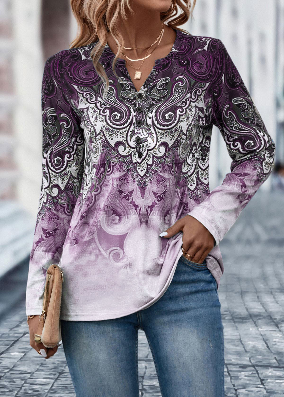 Button Tribal Print Light Purple T Shirt