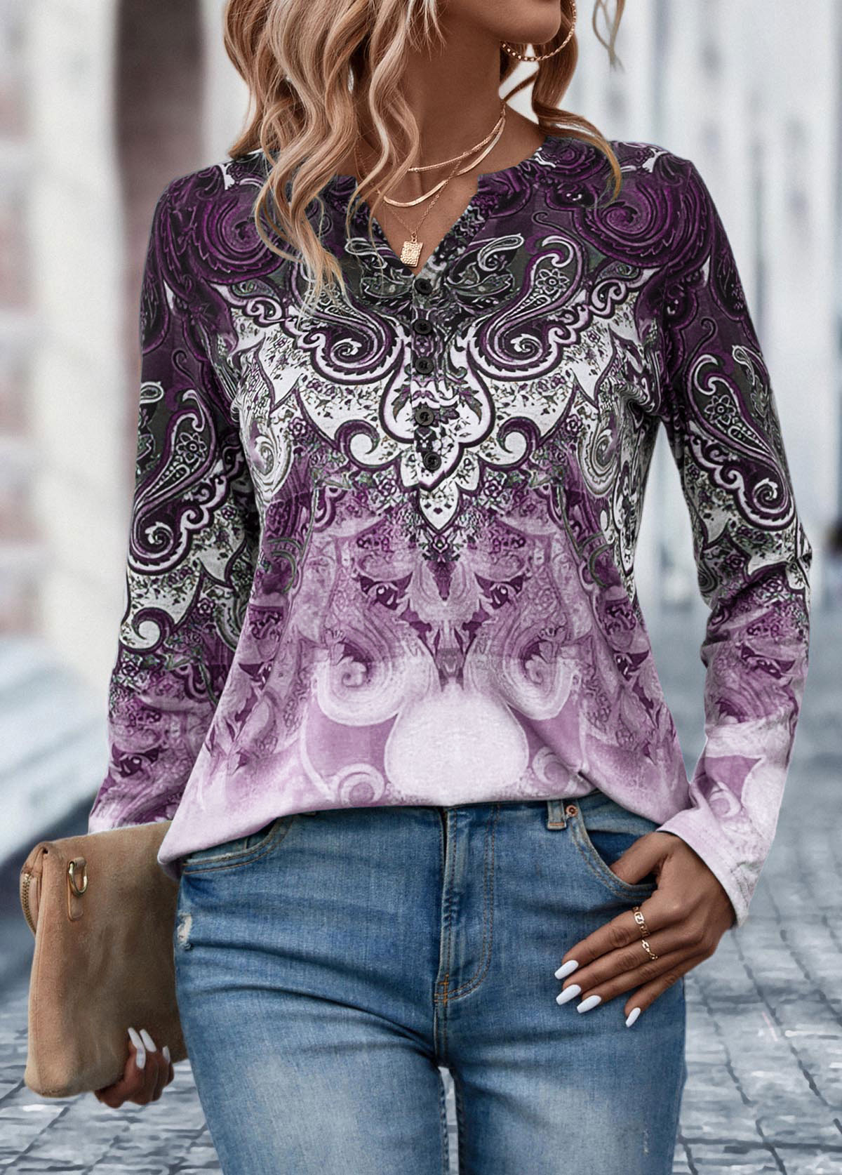 Light Purple tops,Tribal tops,Ombre tops,Button Tribal Print Light Purple T Shirt