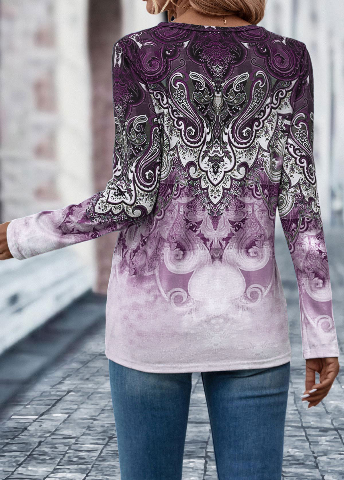 Light Purple tops,Tribal tops,Ombre tops,Button Tribal Print Light Purple T Shirt