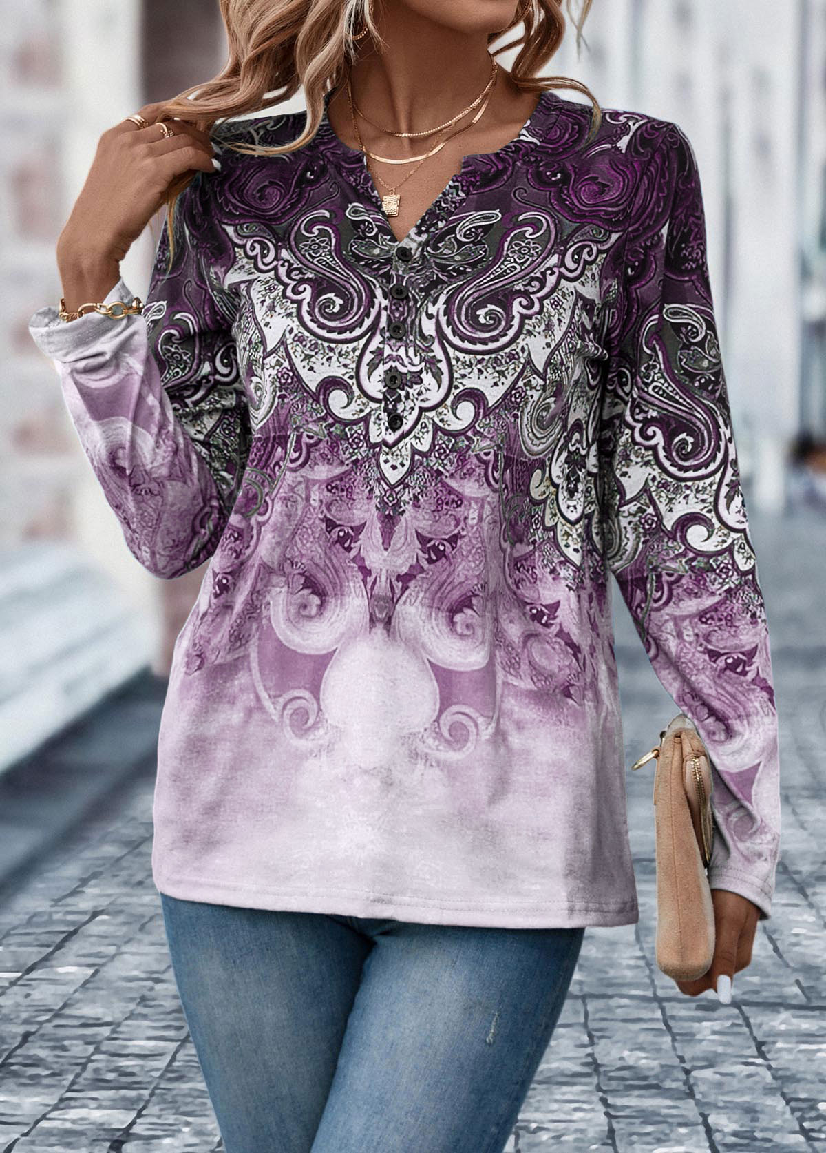 Light Purple tops,Tribal tops,Ombre tops,Button Tribal Print Light Purple T Shirt