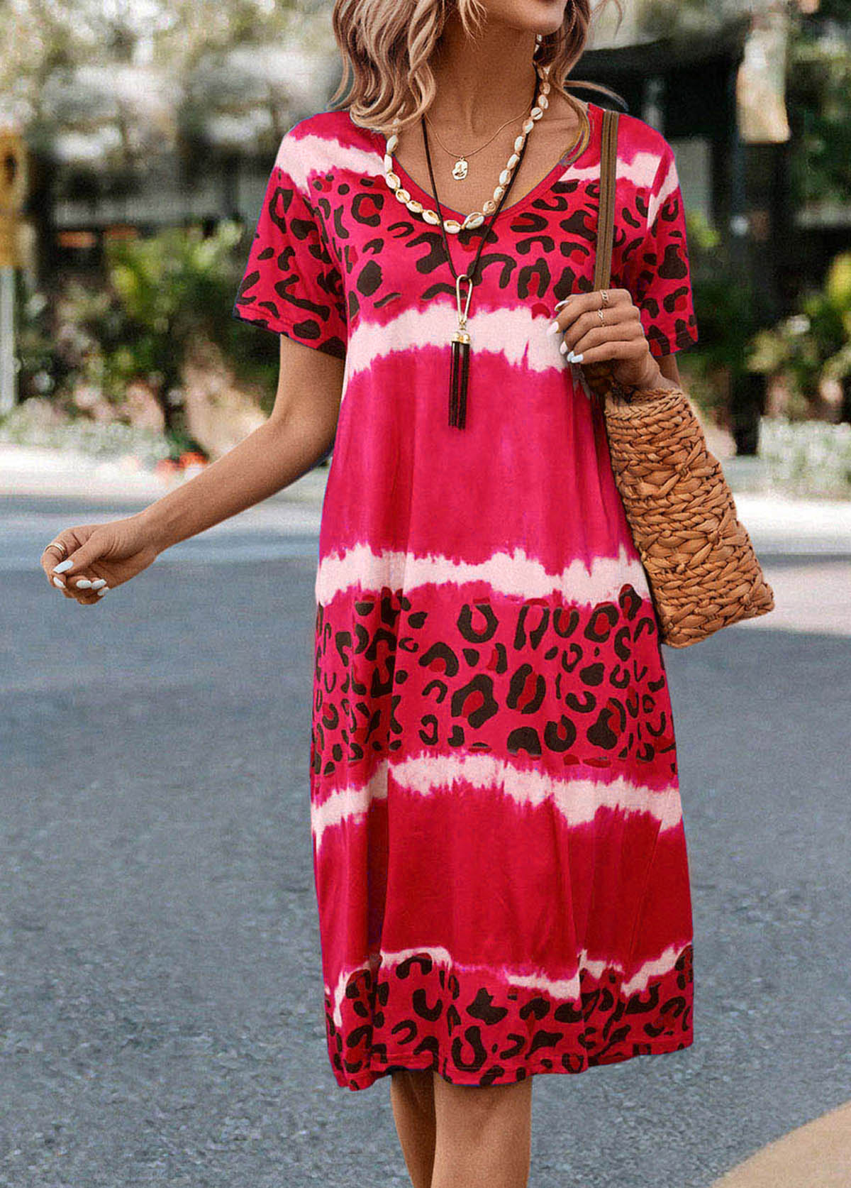Hot Pink dresses,Leopard dresses,Animal Print dresses,Leopard Hot Pink V Neck Dress