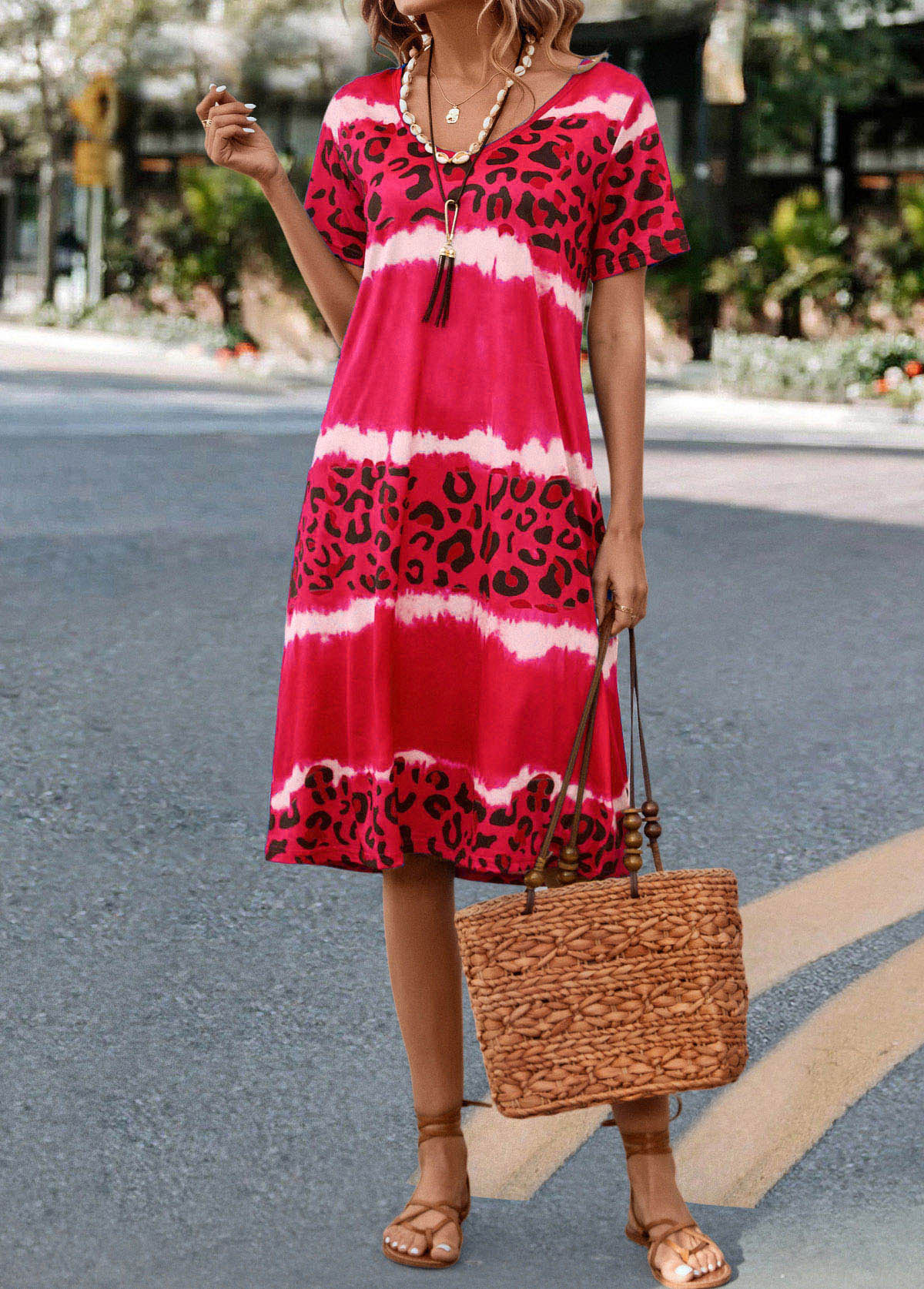 Hot Pink dresses,Leopard dresses,Animal Print dresses,Leopard Hot Pink V Neck Dress