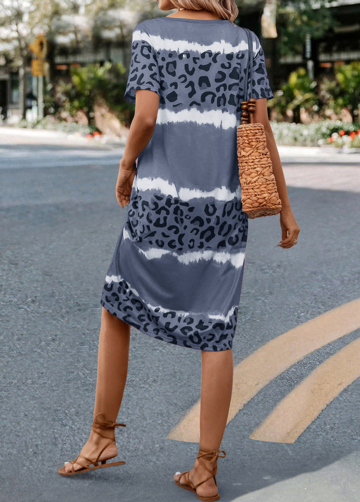 Grey dresses,Leopard dresses,Striped dresses,Leopard Grey H Shape V Neck Dress
