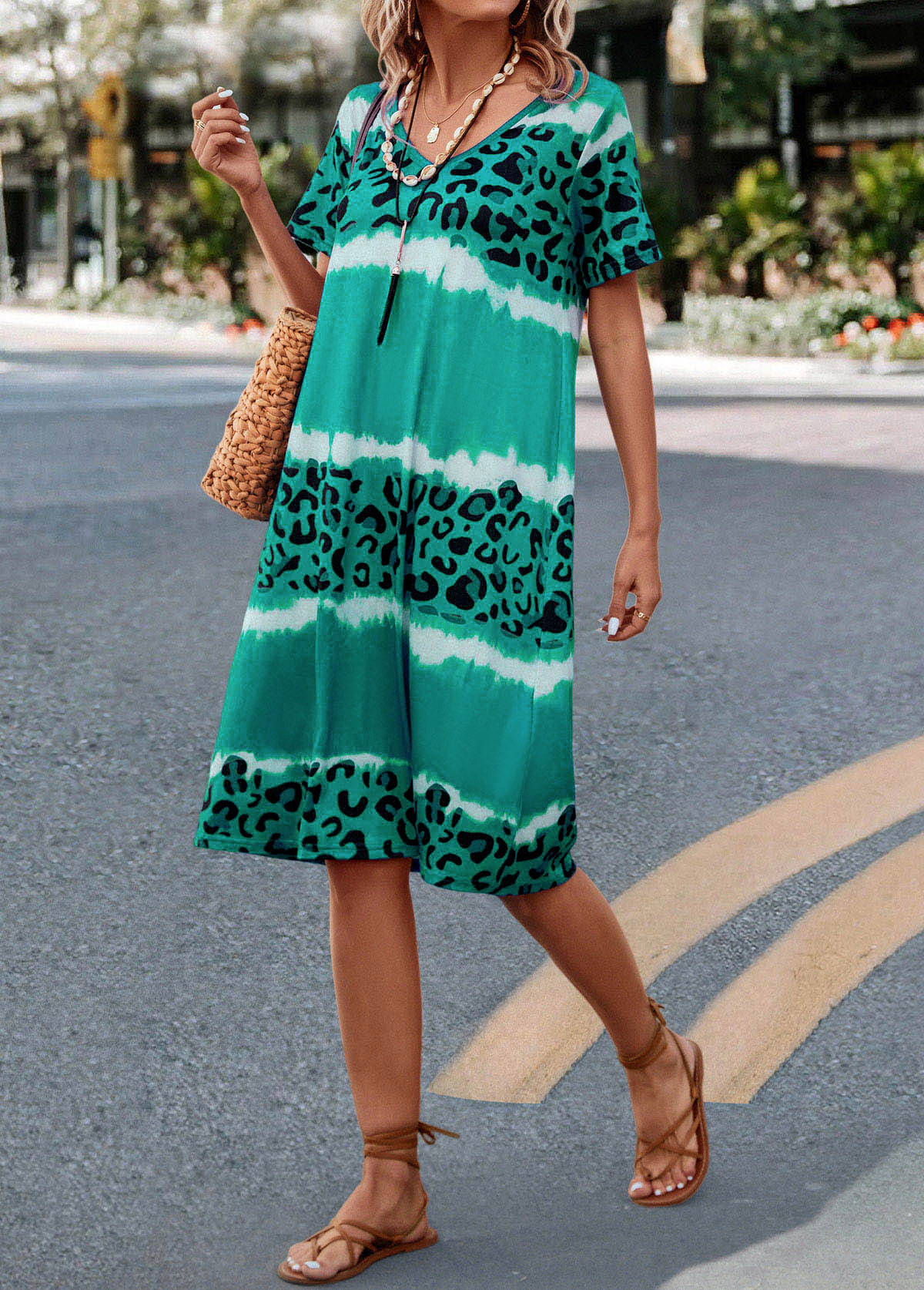 Green dresses,Leopard dresses,Leopard Green H Shape V Neck Dress