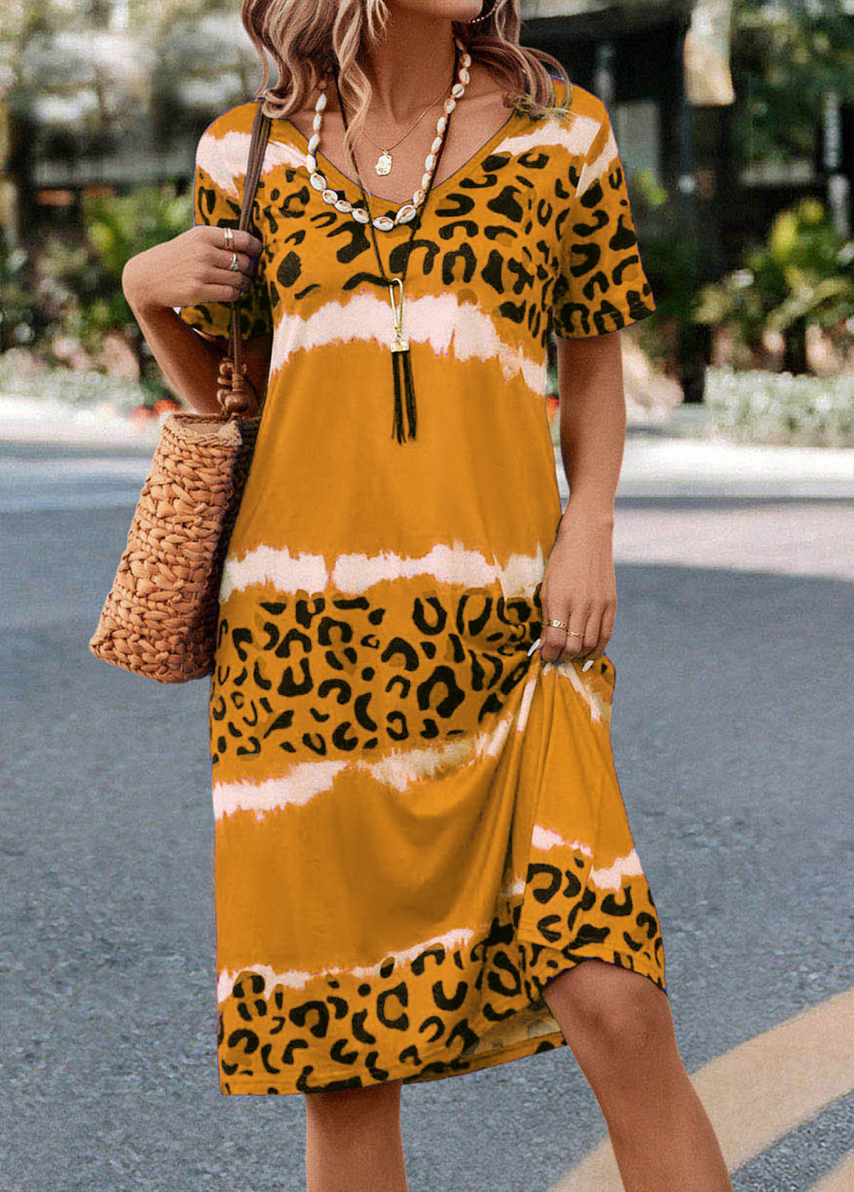 Leopard Yellow H Shape V Neck Dress