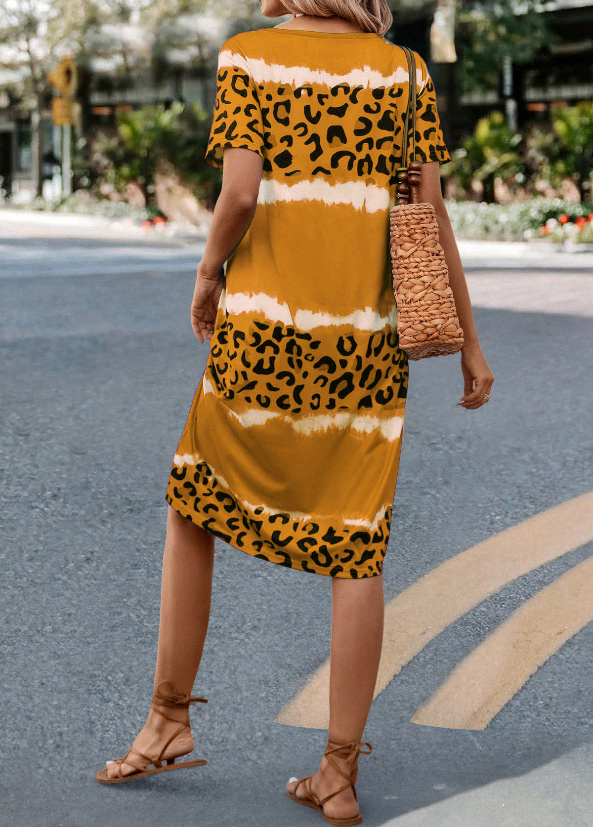 Yellow dresses,Leopard dresses,Striped dresses,Leopard Yellow H Shape V Neck Dress