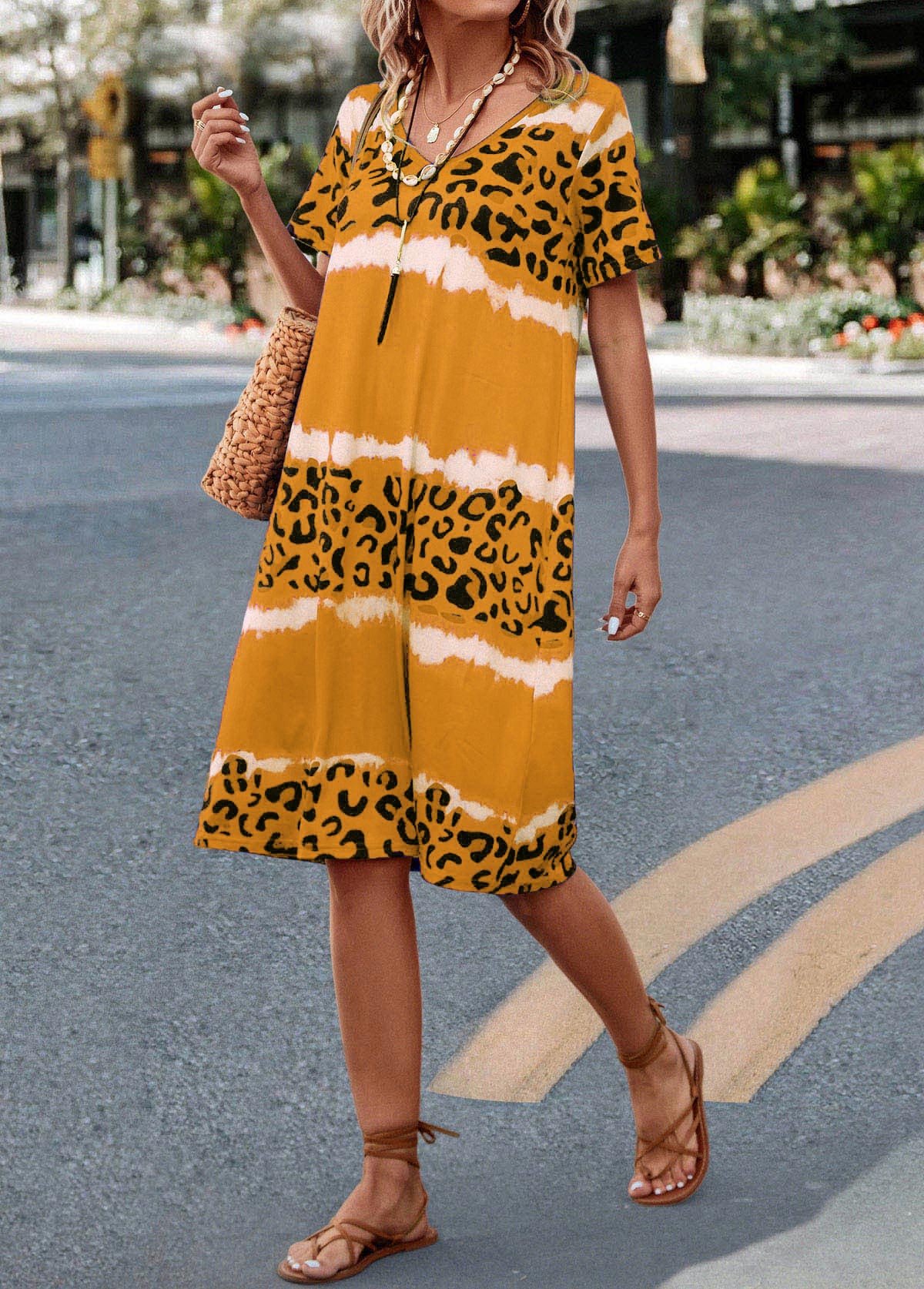 Yellow dresses,Leopard dresses,Striped dresses,Leopard Yellow H Shape V Neck Dress