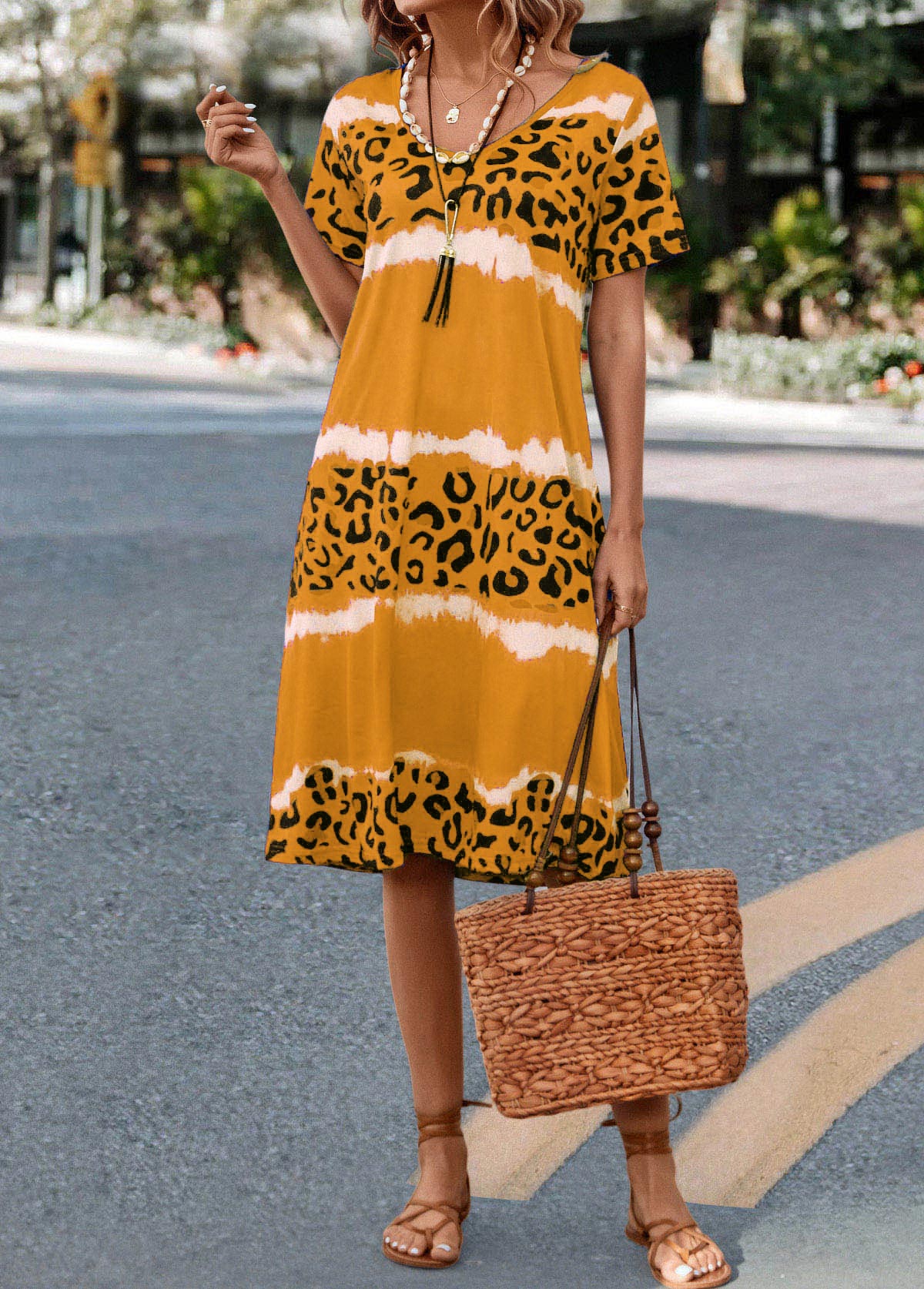 Yellow dresses,Leopard dresses,Striped dresses,Leopard Yellow H Shape V Neck Dress