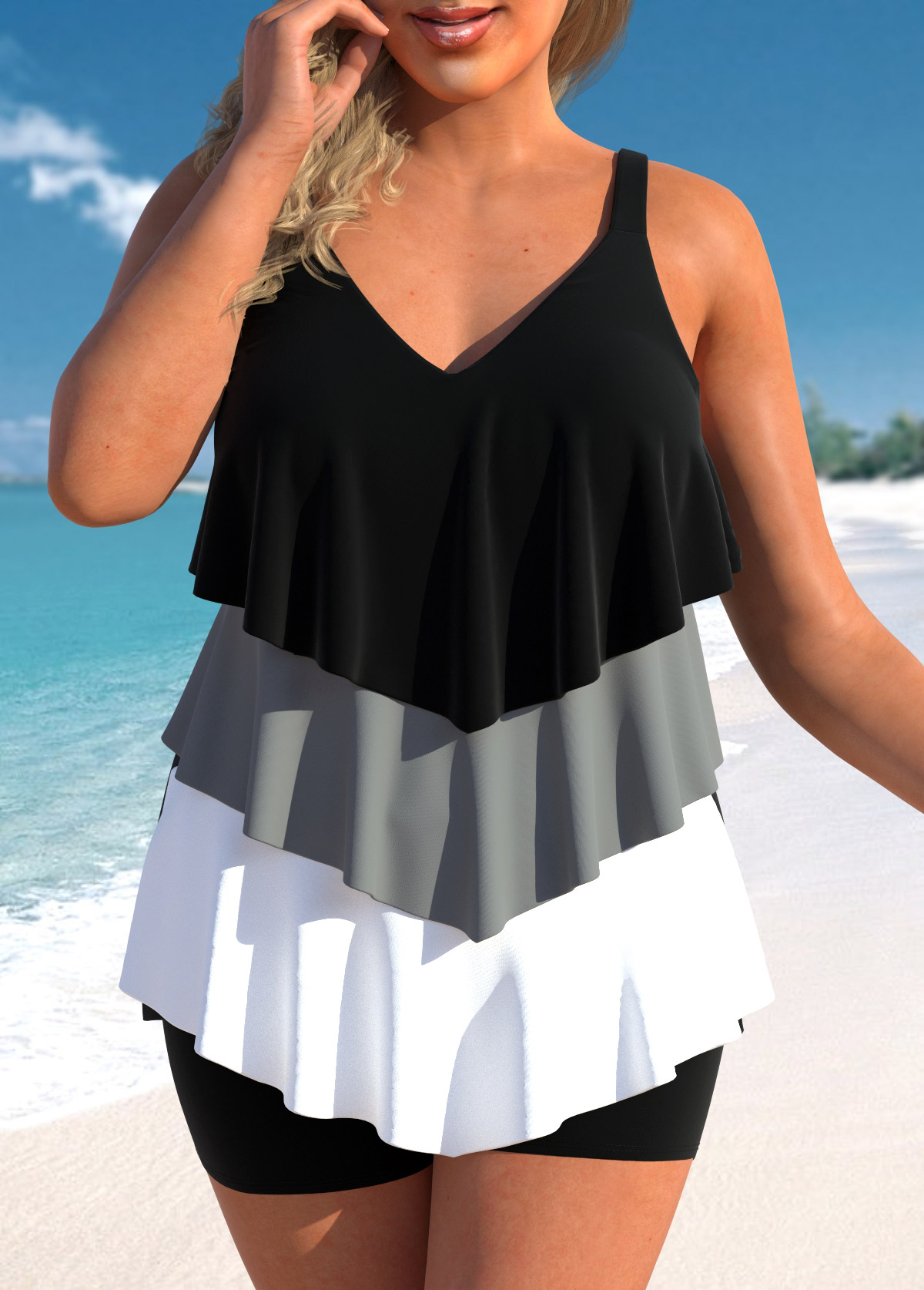 Rotita-Taschentuchsaum schwarzes Tankini-Oberteil in Übergröße-Kein Boden