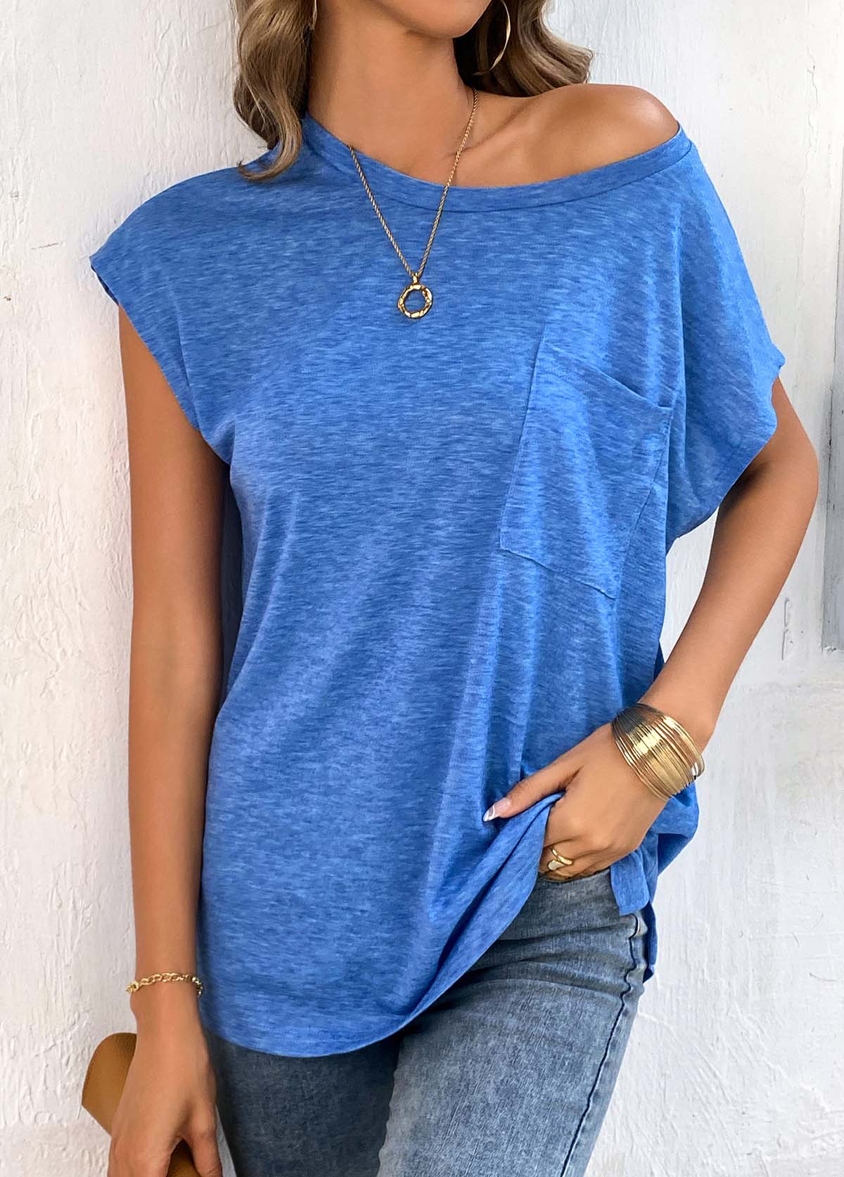 Light Blue tops,Plain Color tops,Pocket Light Blue One Shoulder T Shirt