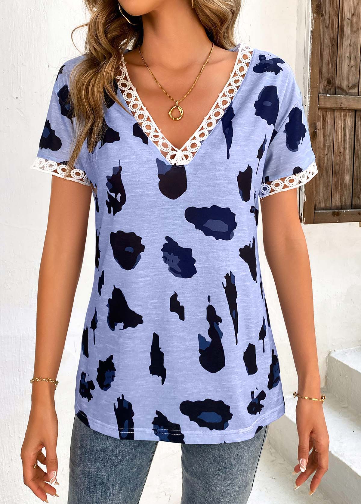 Dusty Blue tops,Leopard tops,Animal Print tops,Patchwork Leopard Dusty Blue V Neck T Shirt