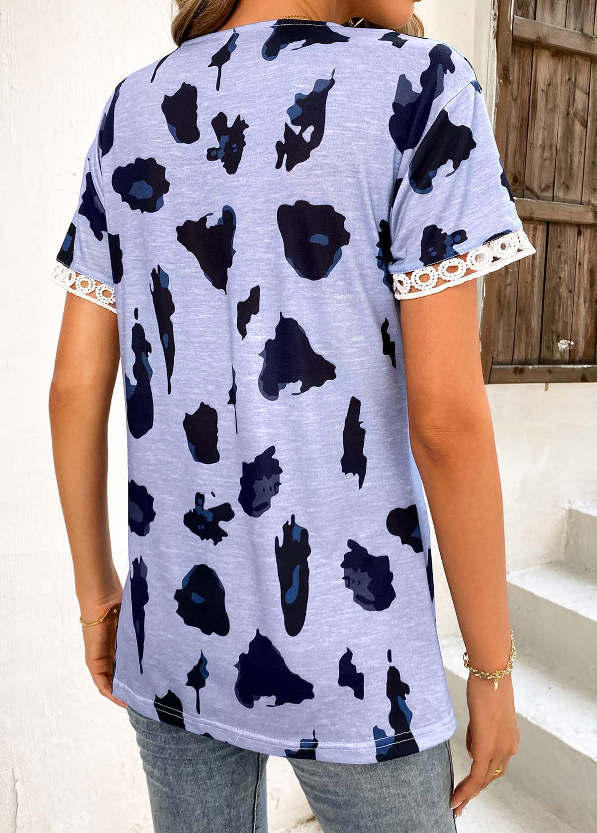 Dusty Blue tops,Leopard tops,Animal Print tops,Patchwork Leopard Dusty Blue V Neck T Shirt