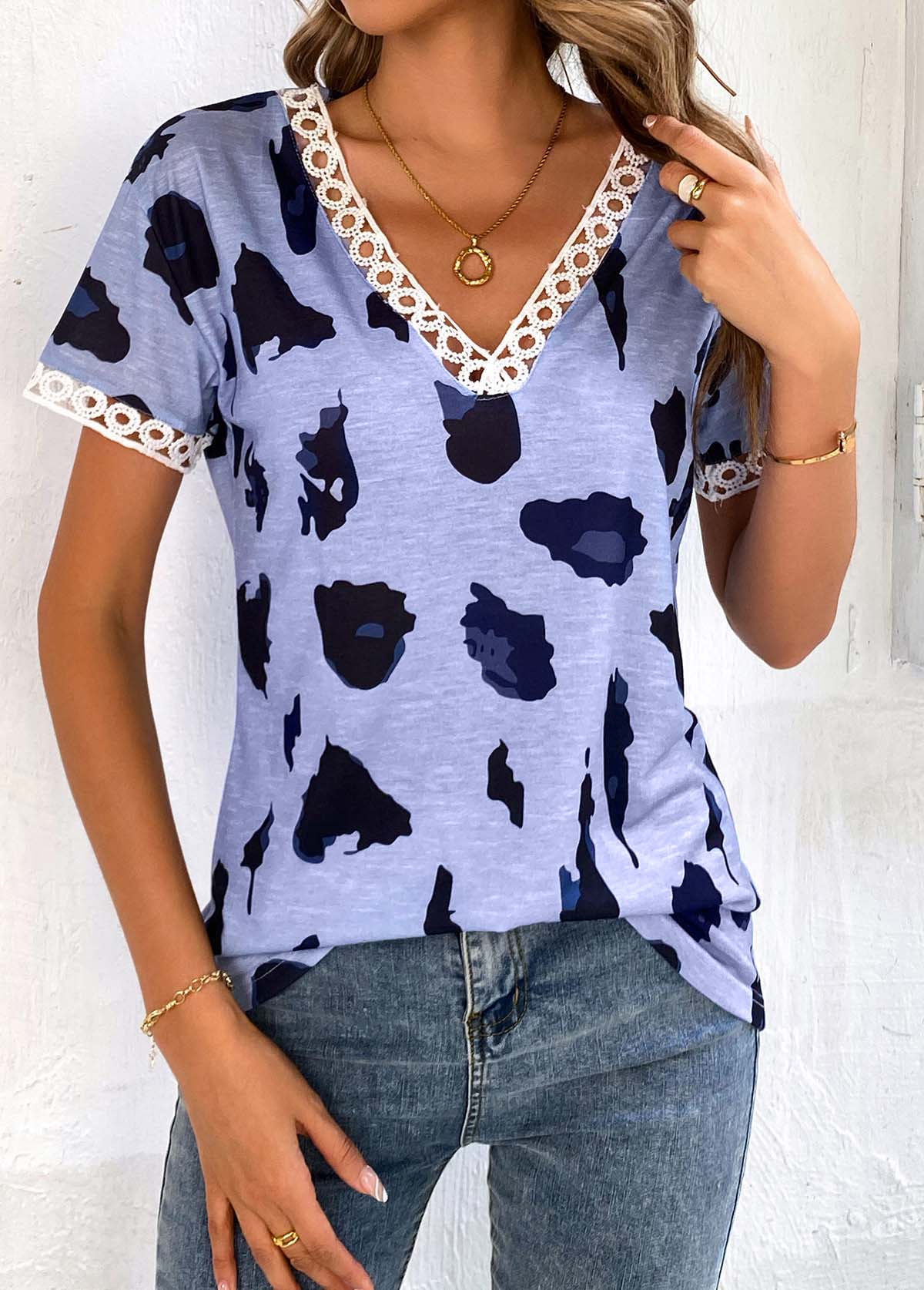 Dusty Blue tops,Leopard tops,Animal Print tops,Patchwork Leopard Dusty Blue V Neck T Shirt