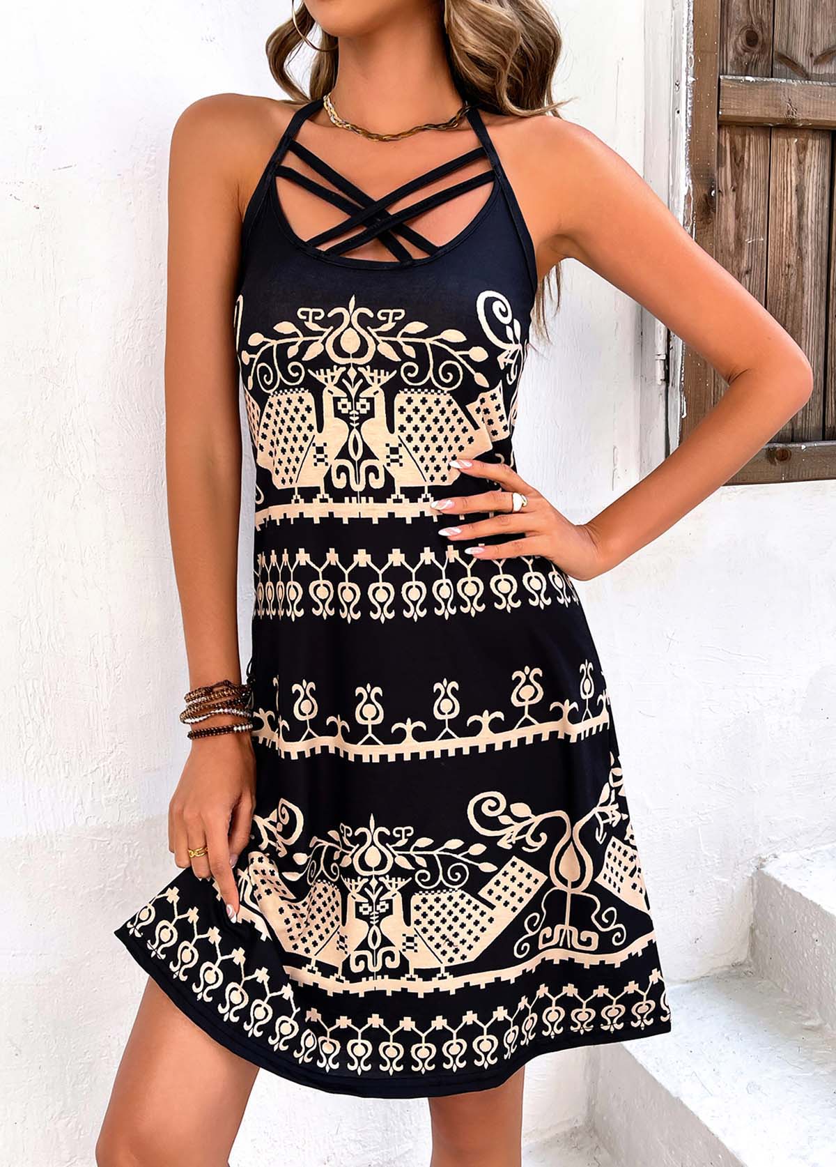 Criss Cross Tribal Print Black Dress