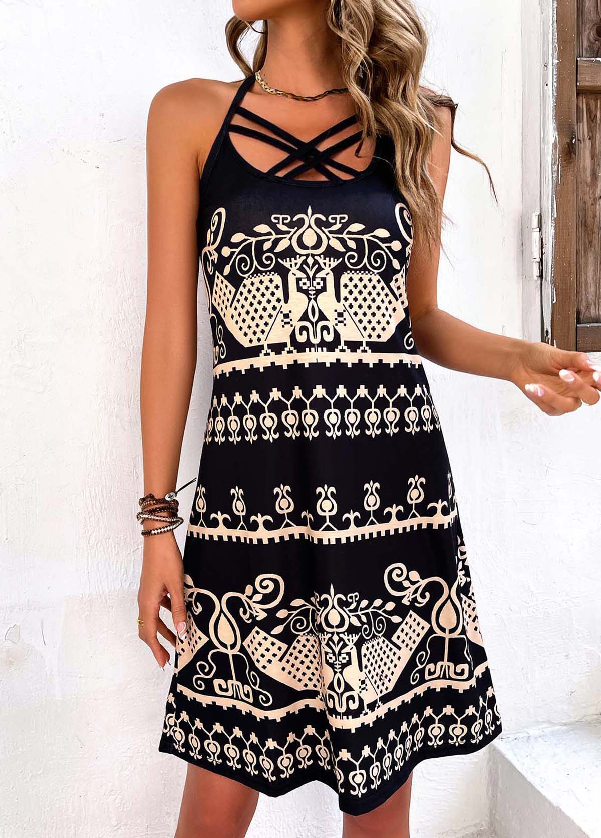 Black dresses,Tribal dresses,Criss Cross Tribal Print Black Short Dress