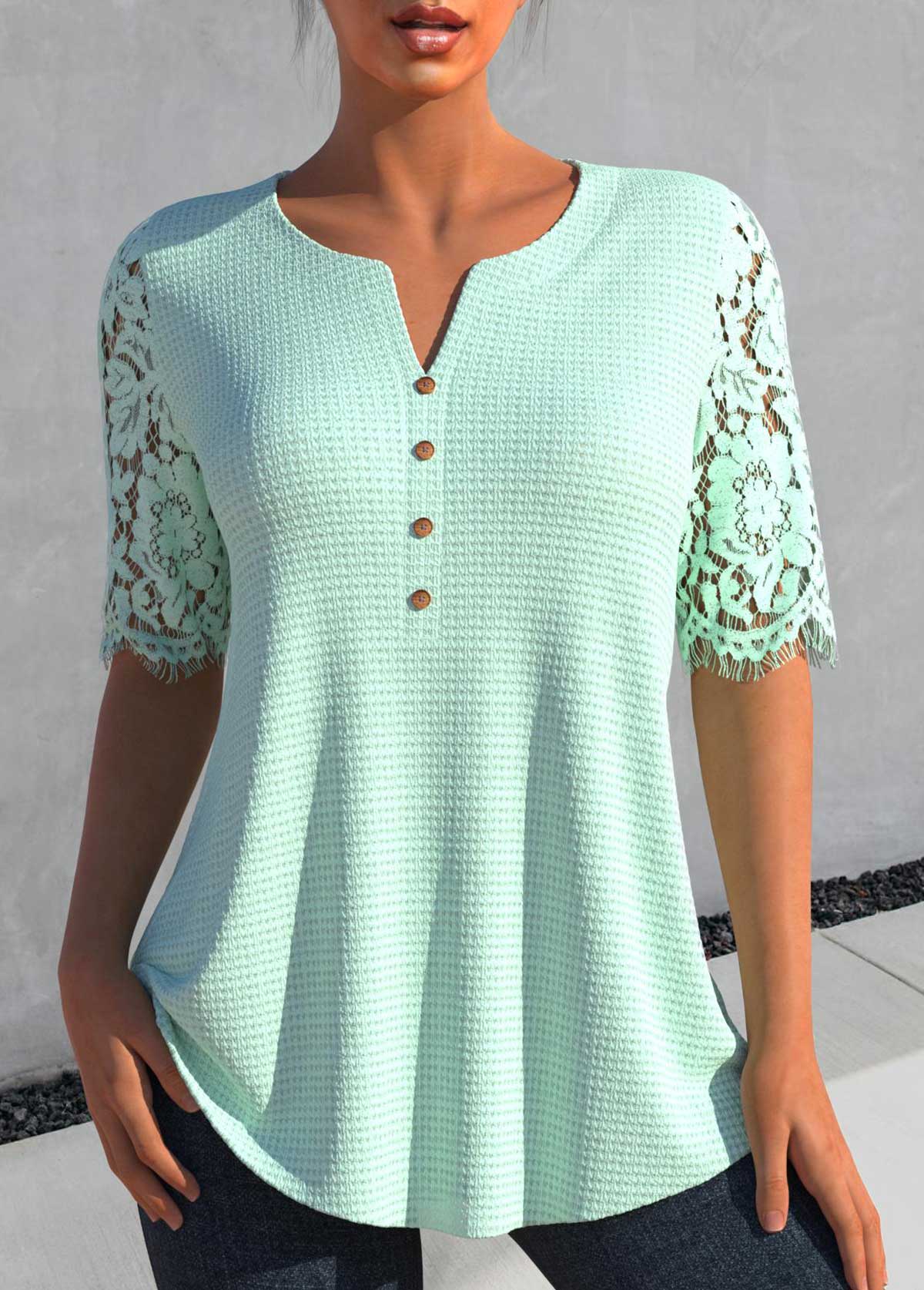 ROTITA Tuck Stitch Light Green Split Neck Blouse