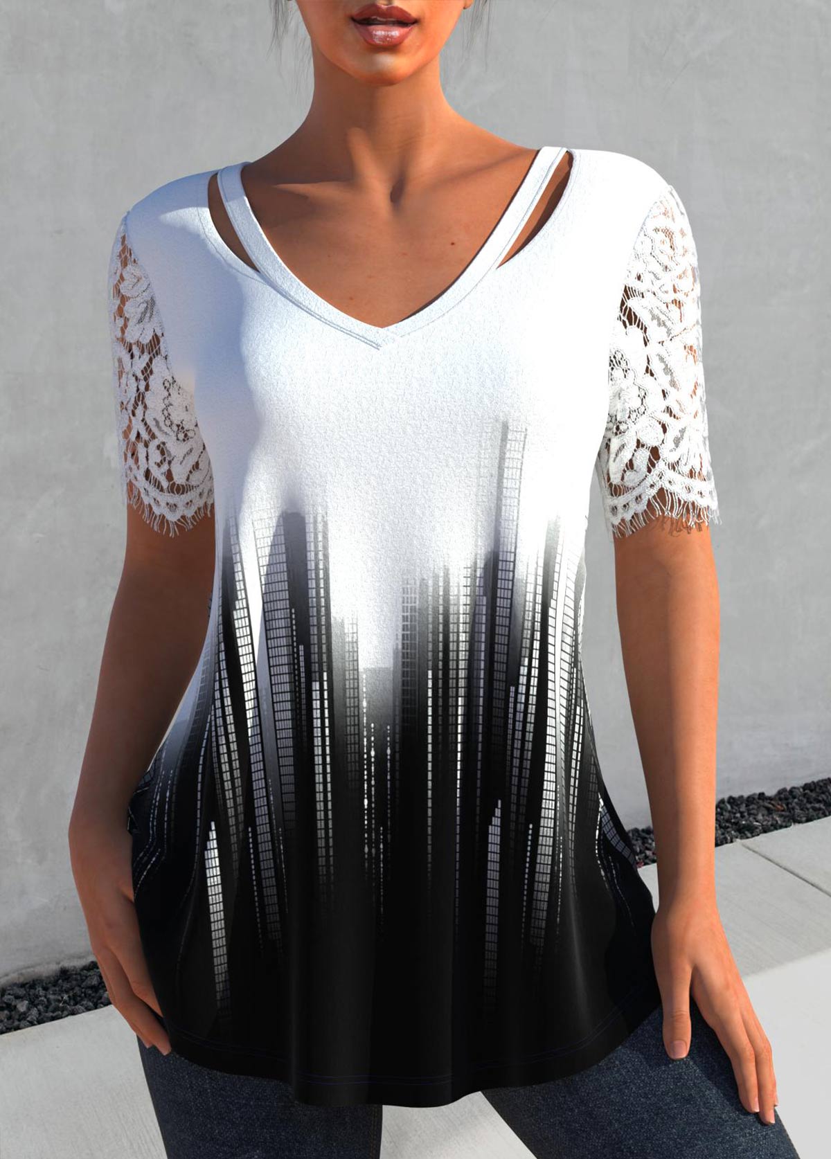 White tops,Black tops,Ombre tops,Geometric tops,Striped tops,ROTITA Patchwork Ombre White V Neck T Shirt